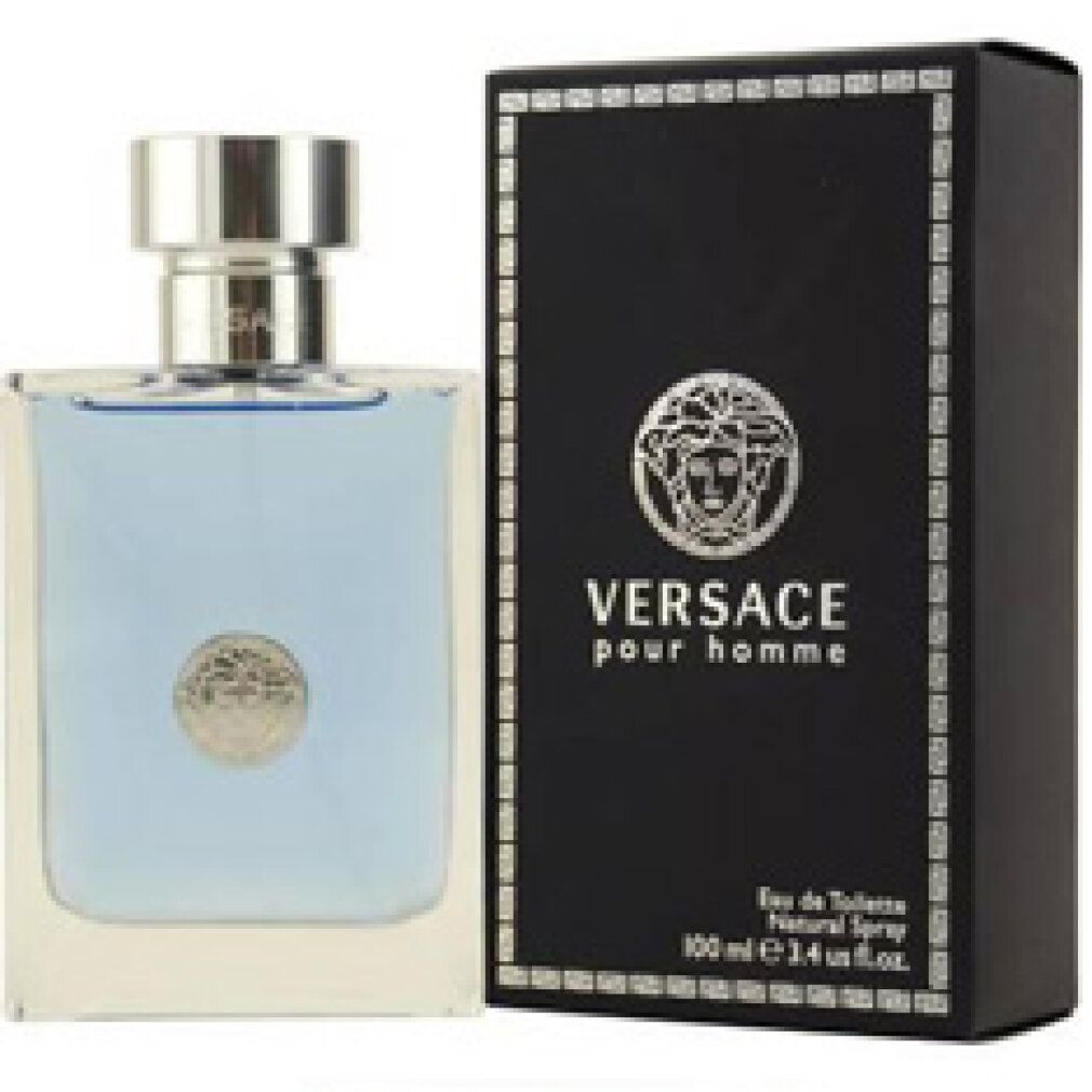Versace Pour Homme Eau de Toilette Flakon und Verpackung. Schwarze Schachtel mit Logo und Text. Glasflakon mit silbernem Verschluss.