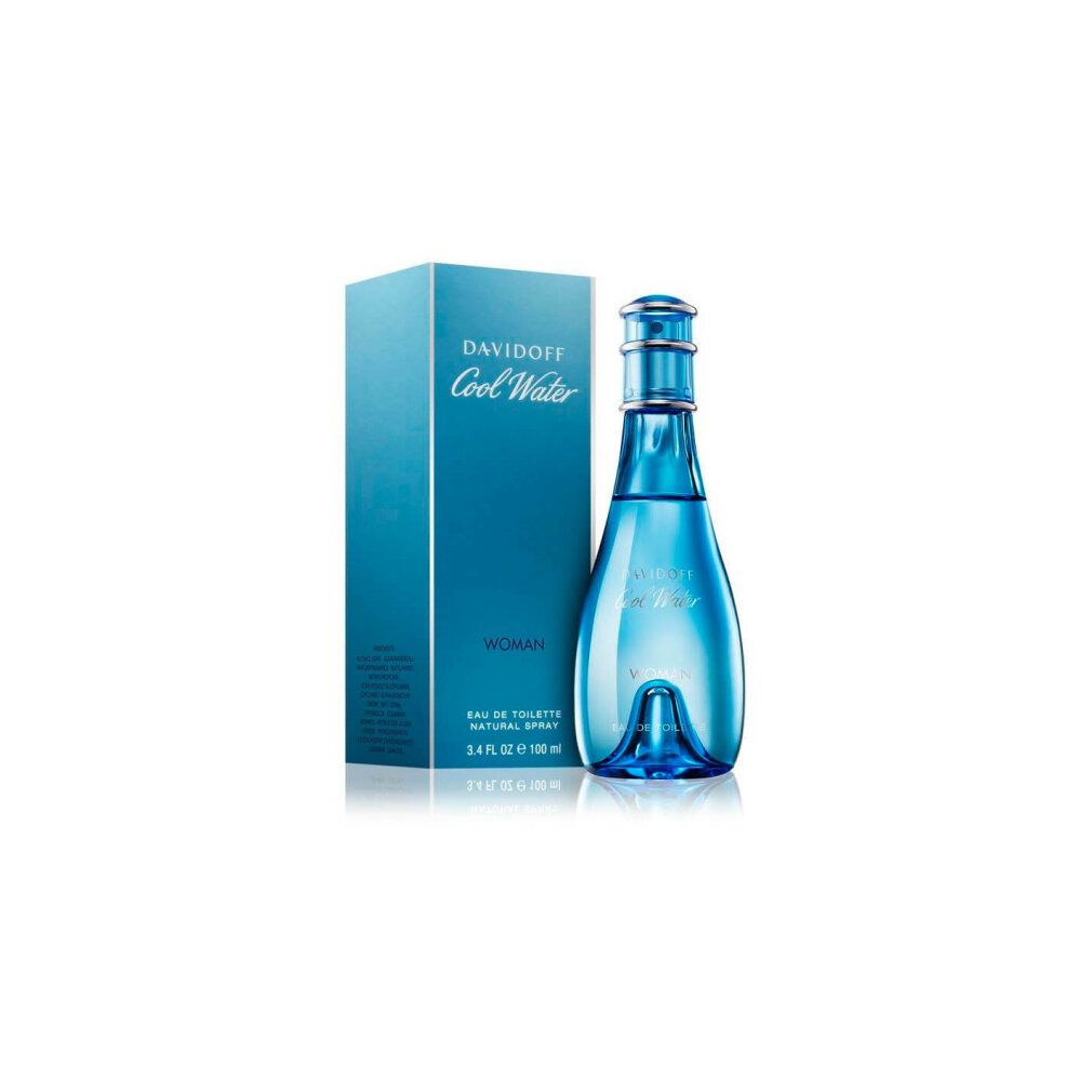 Hellblaue Flasche und Schachtel 'DAVIDOFF Cool Water WOMAN'. Flasche mit Zerstäuber. Schachtel mit Produktinformationen.
