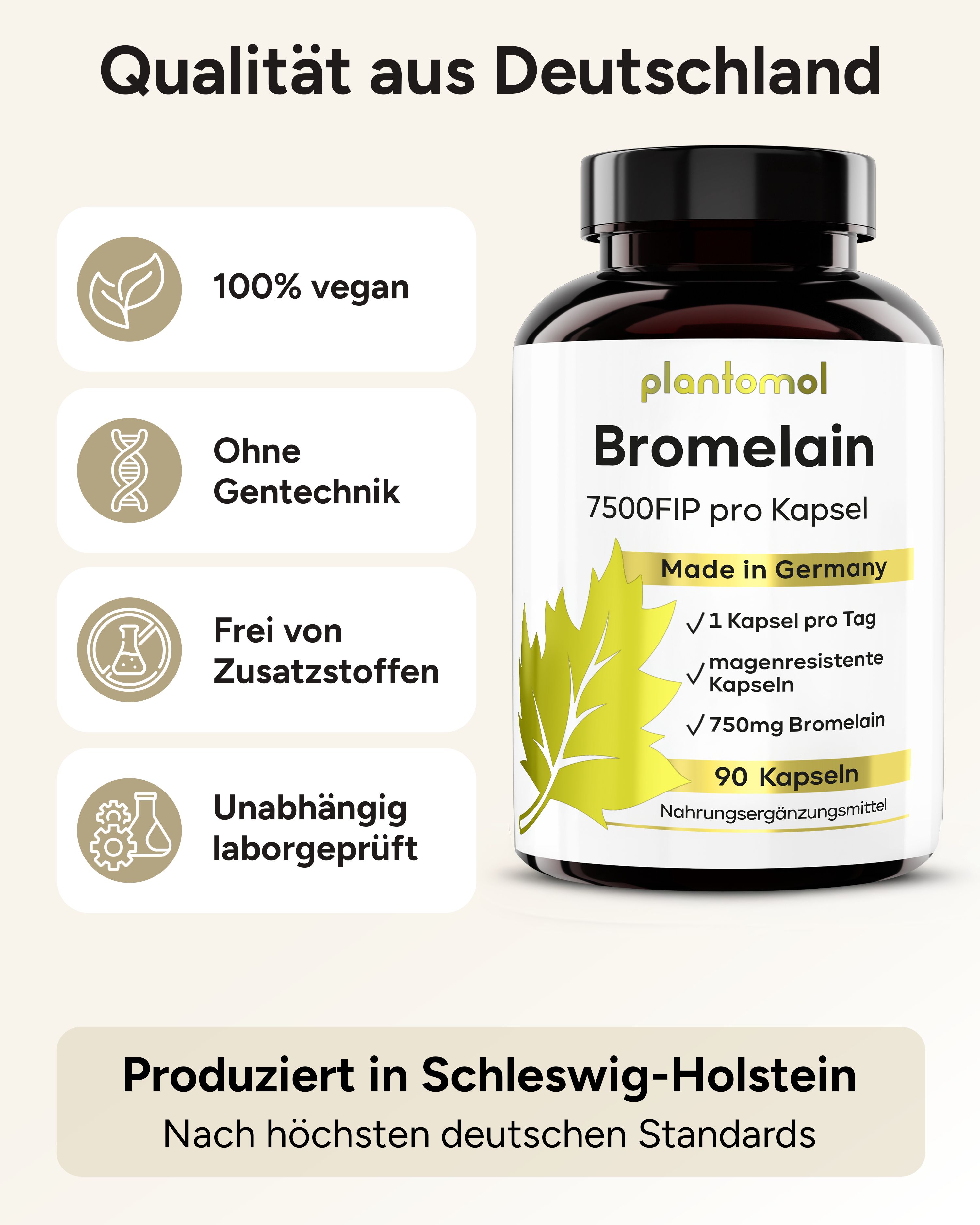 Produktflasche. plantomol Bromelain 7500 FIP. 100% vegan, ohne Gentechnik, ohne Zusatzstoffe.
