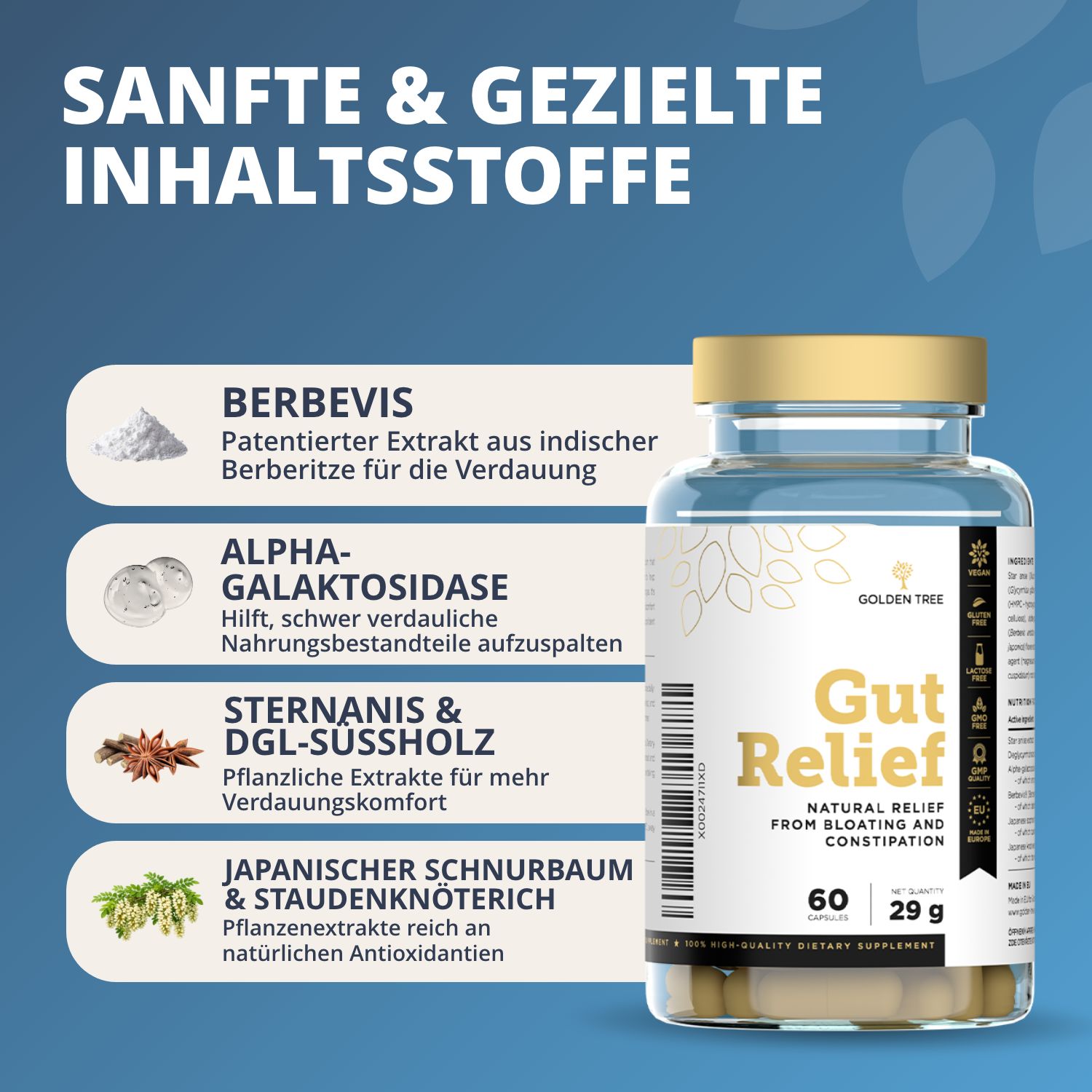Flasche Golden Tree Gut Relief Kapseln, 60 Stück, 29g. Mit Sternanis und Blättern.