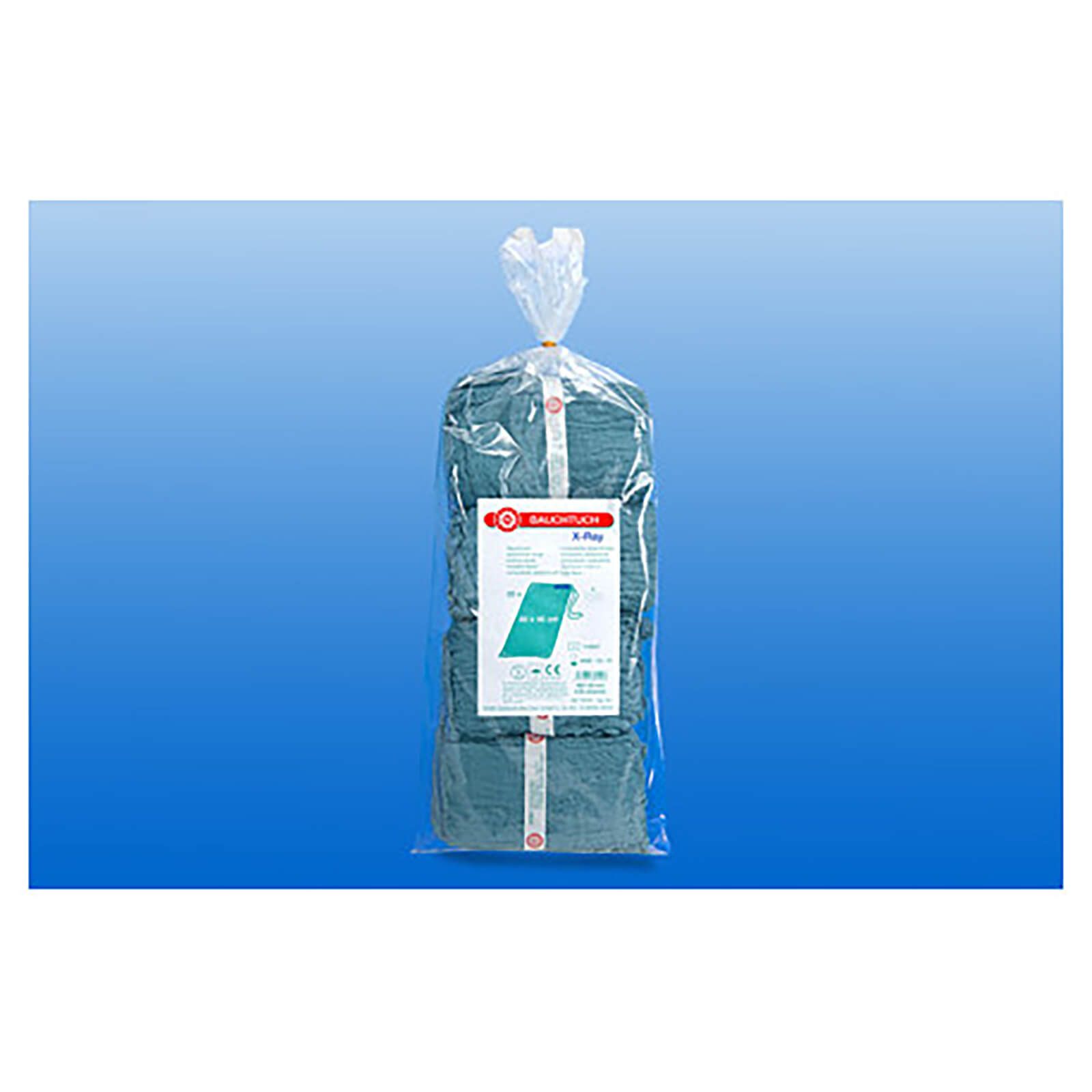 Grüne Bauchtücher in transparenter Verpackung. Etikett mit Produktinformationen. Aufschrift: AQUA Medizintechnik.