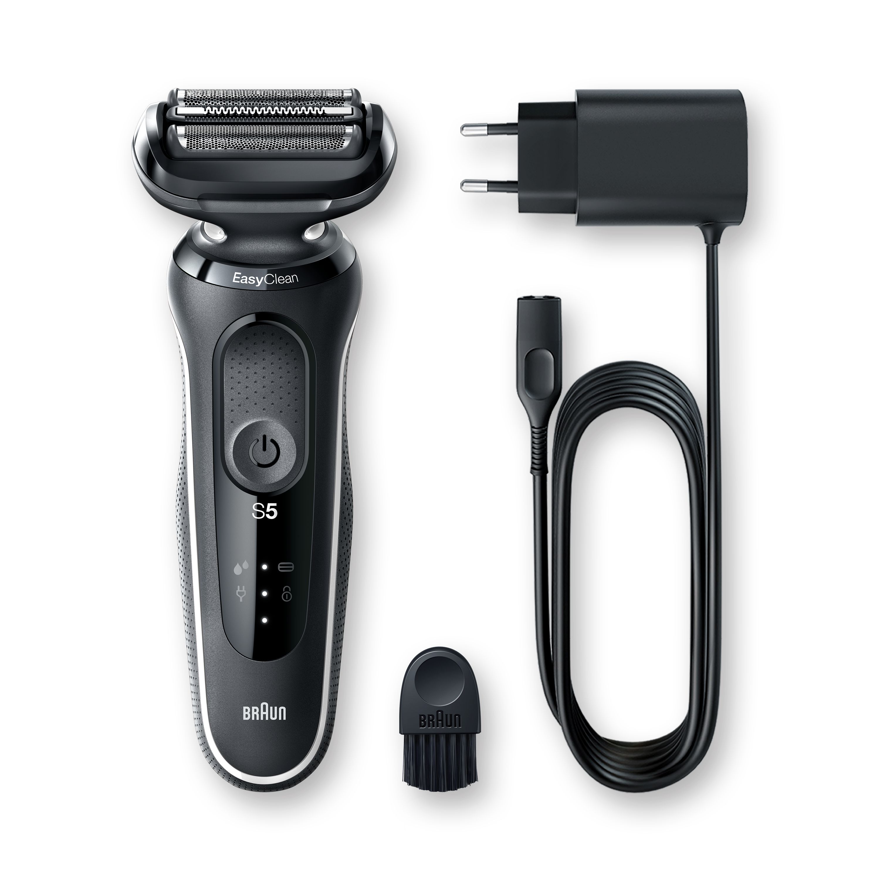 Schwarzer Elektrorasierer Braun Series 5, Ladegerät und Reinigungsbürste. Rasierer mit S5-Logo und EasyClean-Funktion.