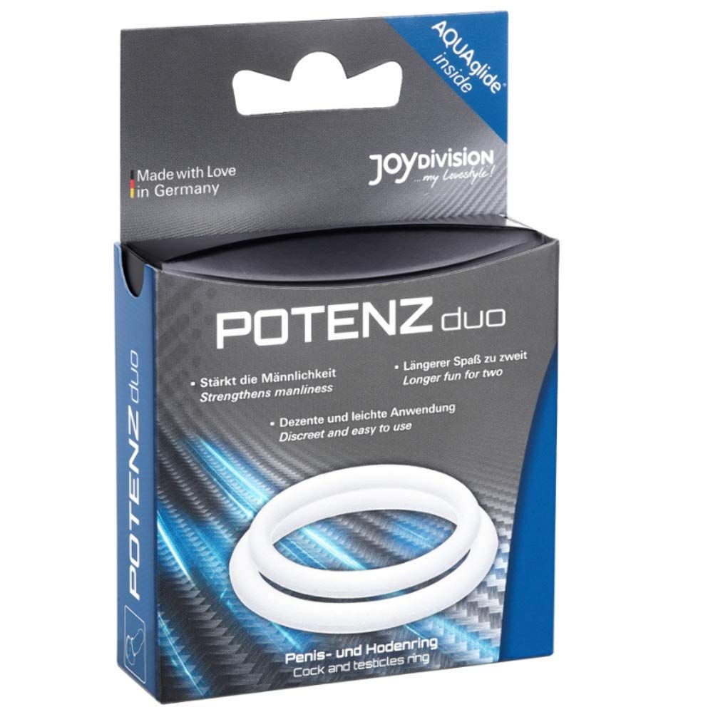 Verpackung mit zwei weißen Penisringen, Made in Germany, mit Aufdruck 'POTENZ duo'.
