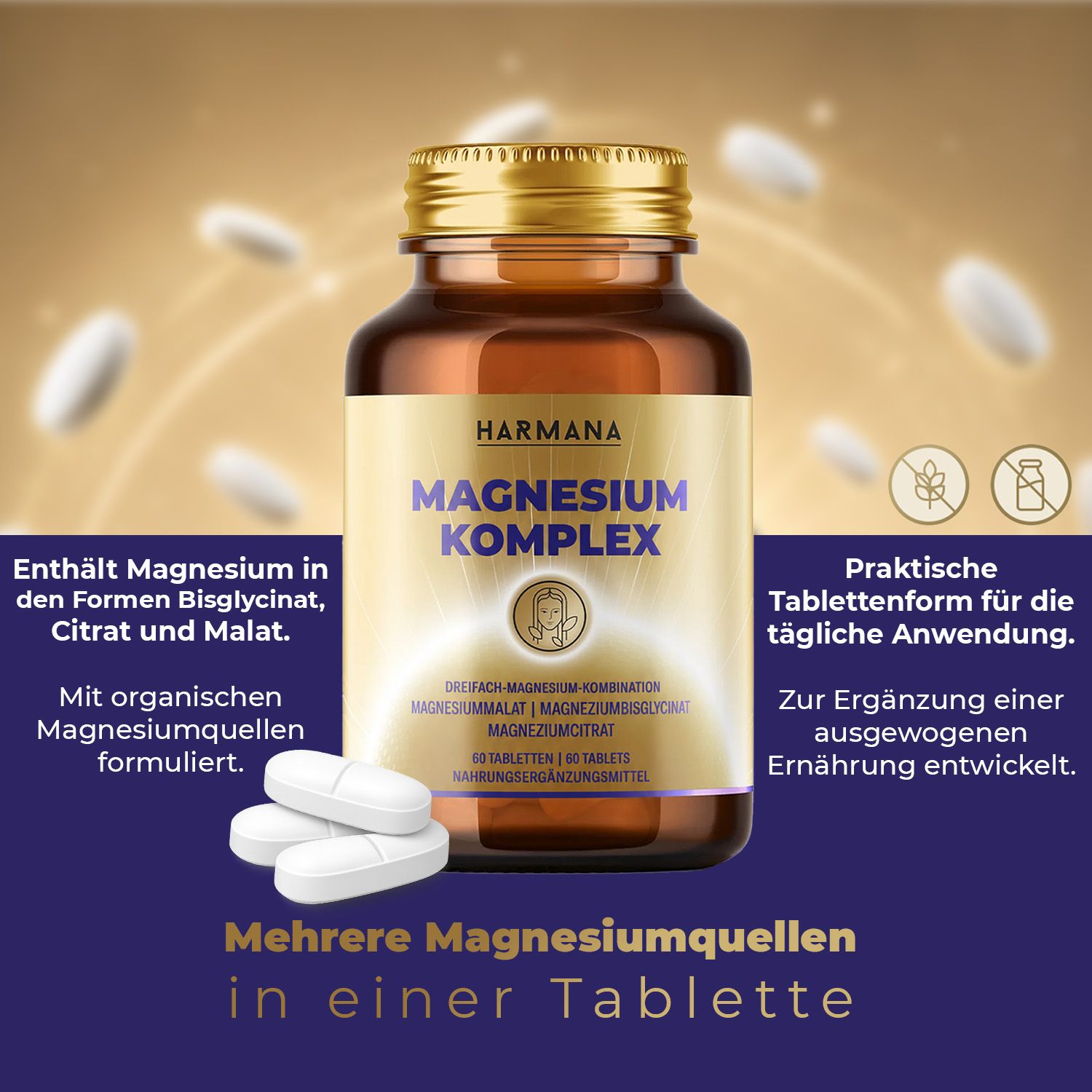 Harmana Magnesium Komplex Flasche mit 60 Tabletten, mit drei Tabletten und Icons.