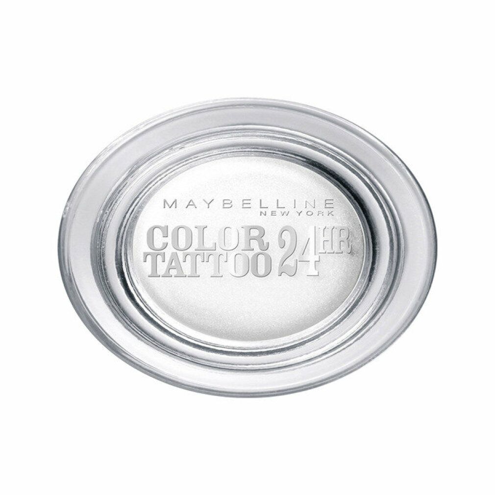 Maybelline New York Color Tattoo 24h Lidschatten in Dose. Weißer Lidschatten mit silberner Schrift. Deckel mit Produktinformationen.