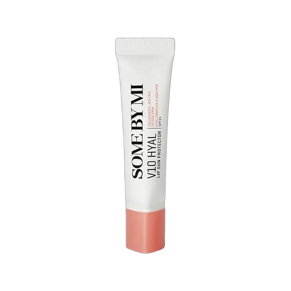 SOME BY MI V10 HYAL Lip Sun Protector SPF15 in Rosy. Weiße Tube mit rosa Verschluss.