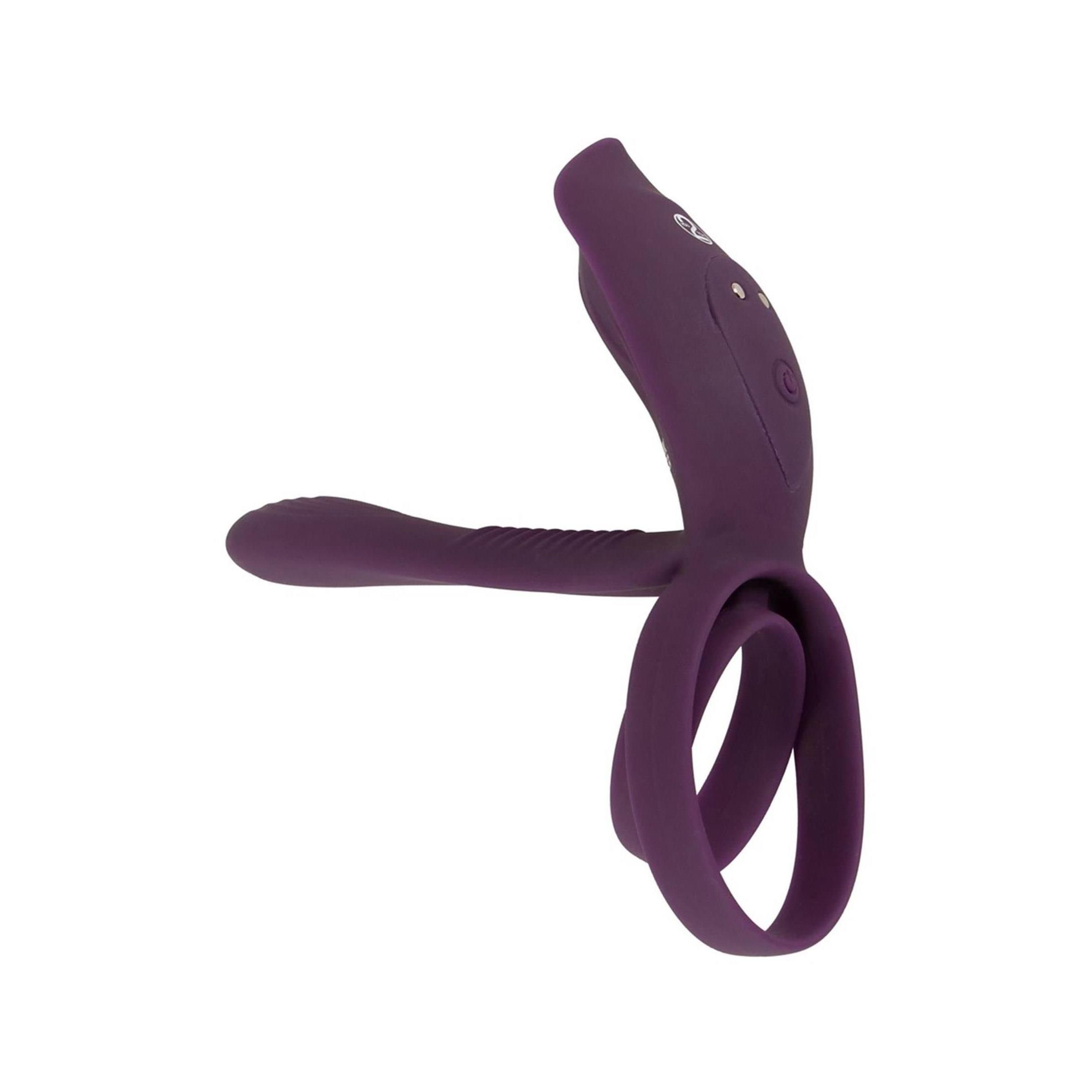 Lila Vibrator mit Ring. Ansicht von oben. Mit Knöpfen.