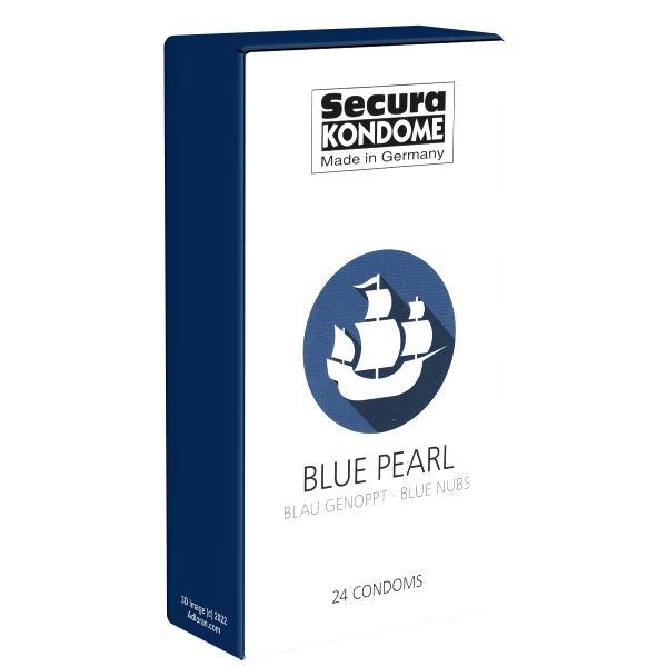 Verpackung mit Kondomen. Marke Secura, Modell Blue Pearl. Blaue Verpackung mit Segelschiff-Illustration und Text.