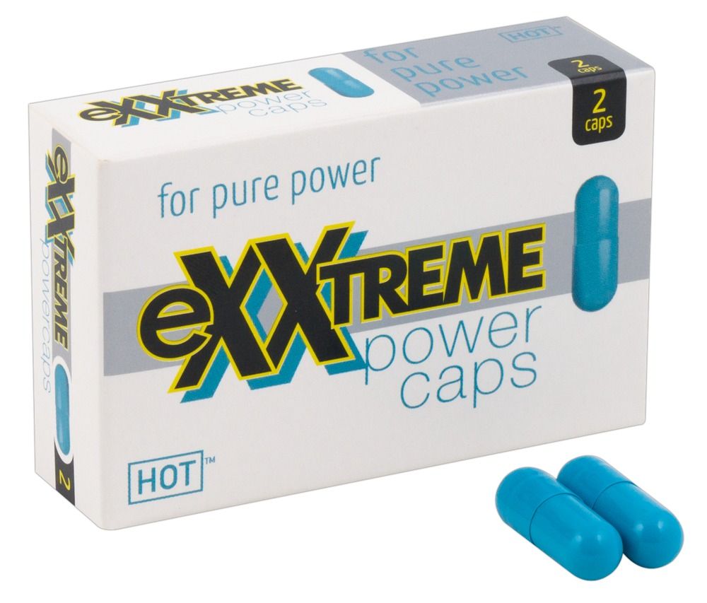 Schachtel mit blauen Kapseln. Aufschrift: eXXtreme power caps, für pure power. Marke: HOT. Zwei Kapseln liegen daneben.
