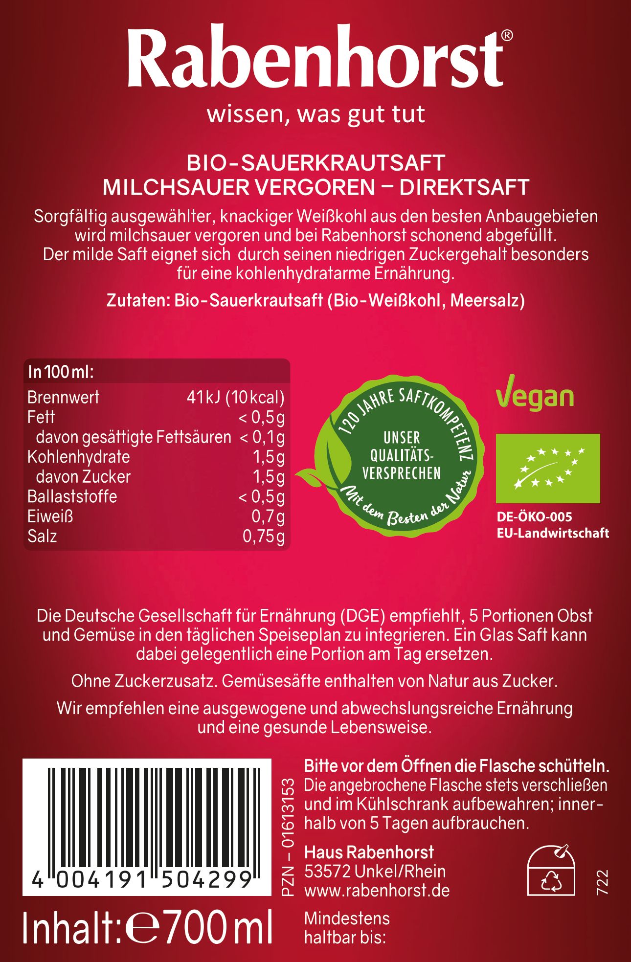 Rückseite der Rabenhorst Mildes Sauerkraut BIO Flasche. Text mit Nährwertangaben, Bio-Siegel und Vegan-Logo.