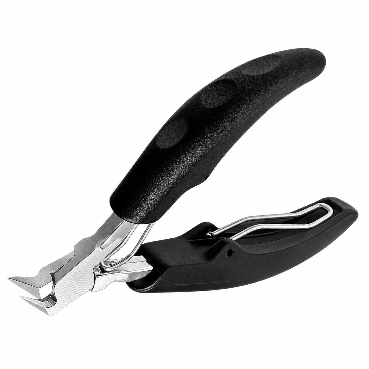 Edelstahl-Nagelzange mit schwarzem, rutschfestem Griff und integrierter Feder.