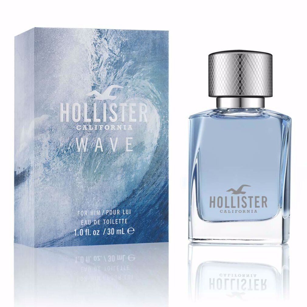 Hollister Wave Eau de Toilette Flakon und Verpackung. Flakon quadratisch, hellblau. Verpackung mit Wellenmuster und Logo.
