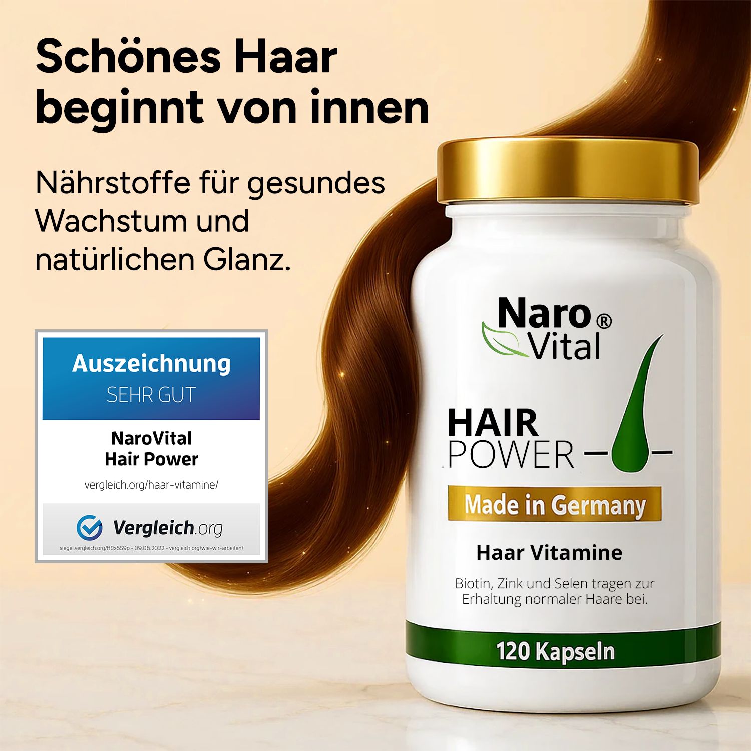 Weiße Flasche mit Kapseln, goldener Deckel. Aufschrift: Hair Power, Haar Vitamine, 120 Kapseln. Auszeichnung: Sehr Gut.