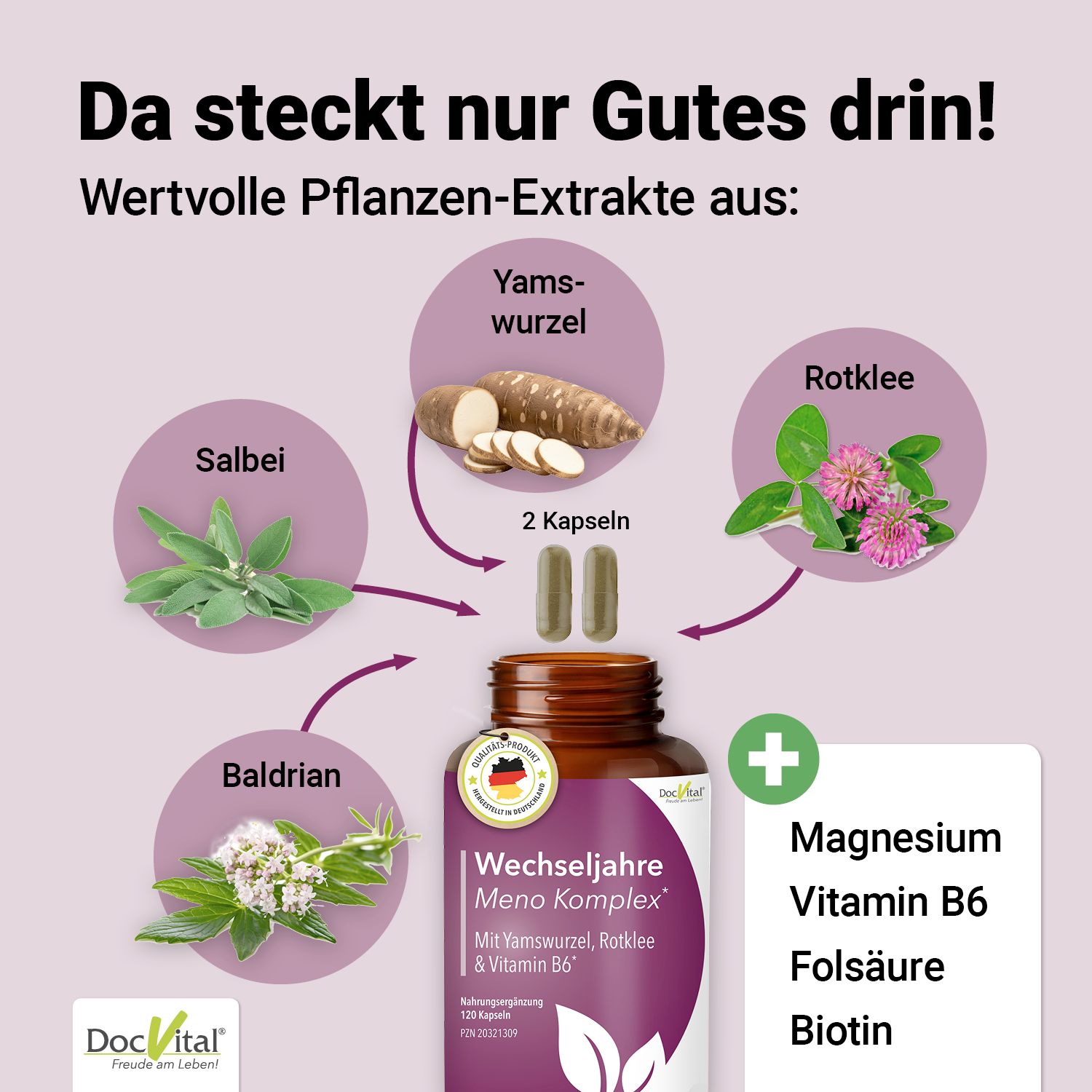 Meno Komplex Wechseljahre Kapseln - Yamswurzel & Rotklee für die Menopause - DocVital®