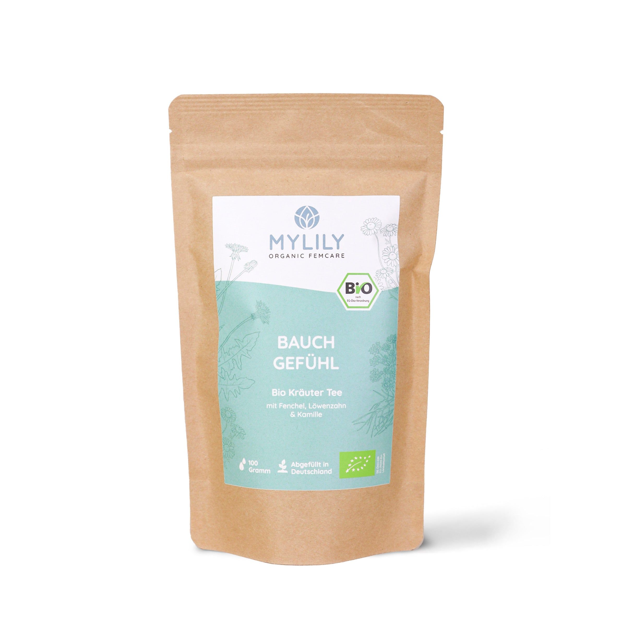 Beutel mit weißem Etikett. Aufschrift: Bauchgefühl, Bio Kräutertee. Bio-Siegel.
