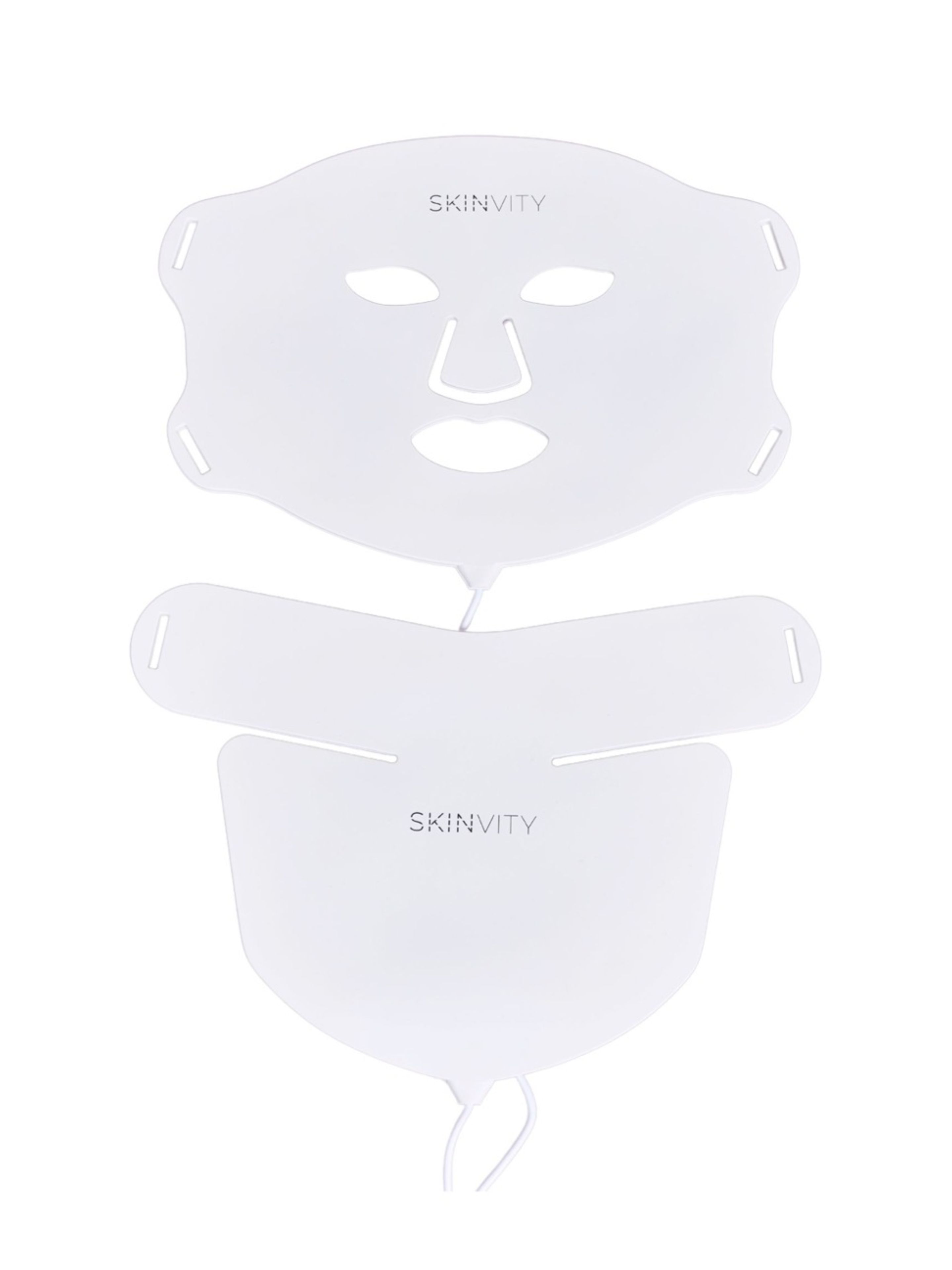 Weiße Silikon-LED-Maske und Halsmaske mit dem Markennamen 'SKINVITY'.