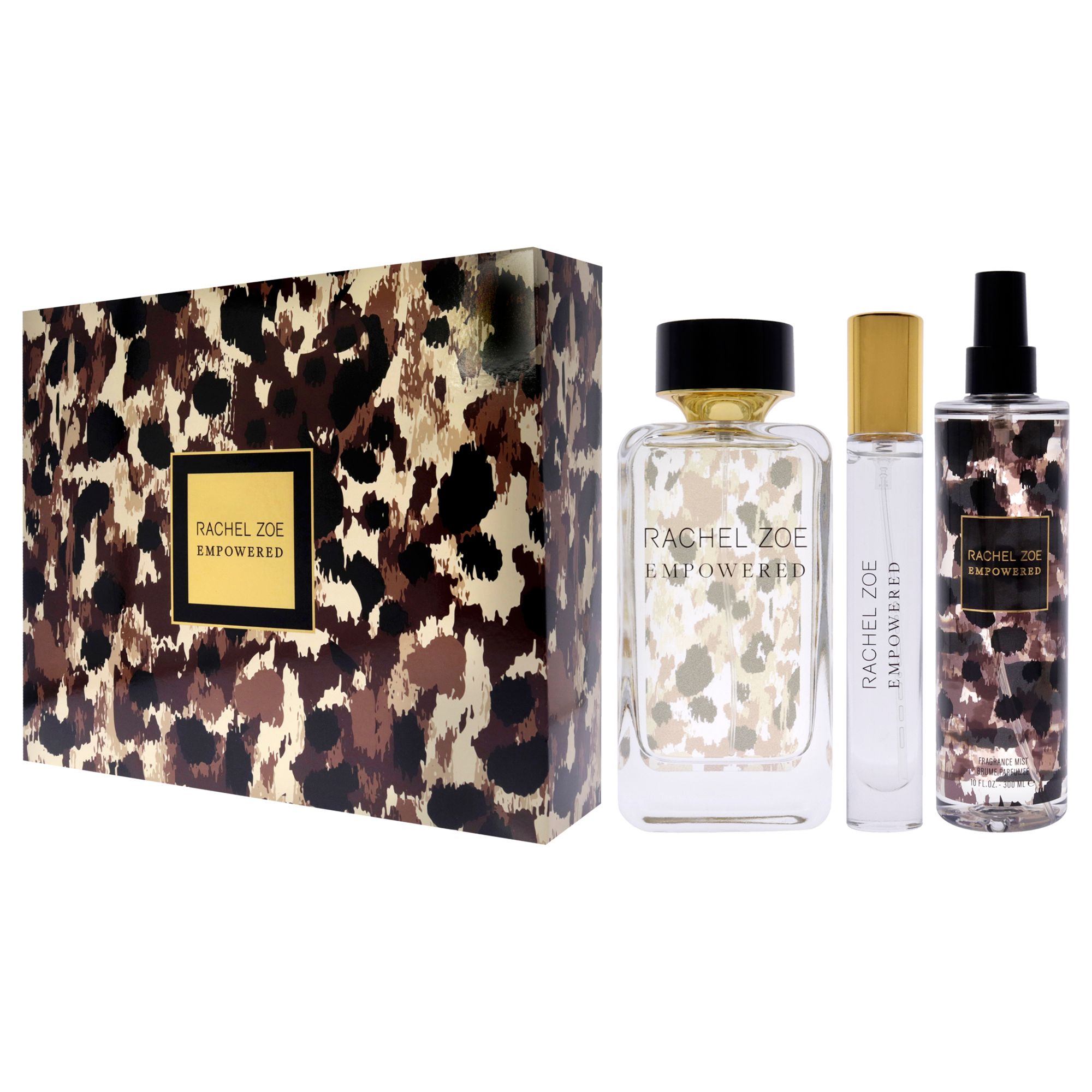 Rachel Zoe Empowered Geschenkset mit Parfümflakon, kleinem Zerstäuber und Bodyspray in Leopardenmuster-Verpackung.