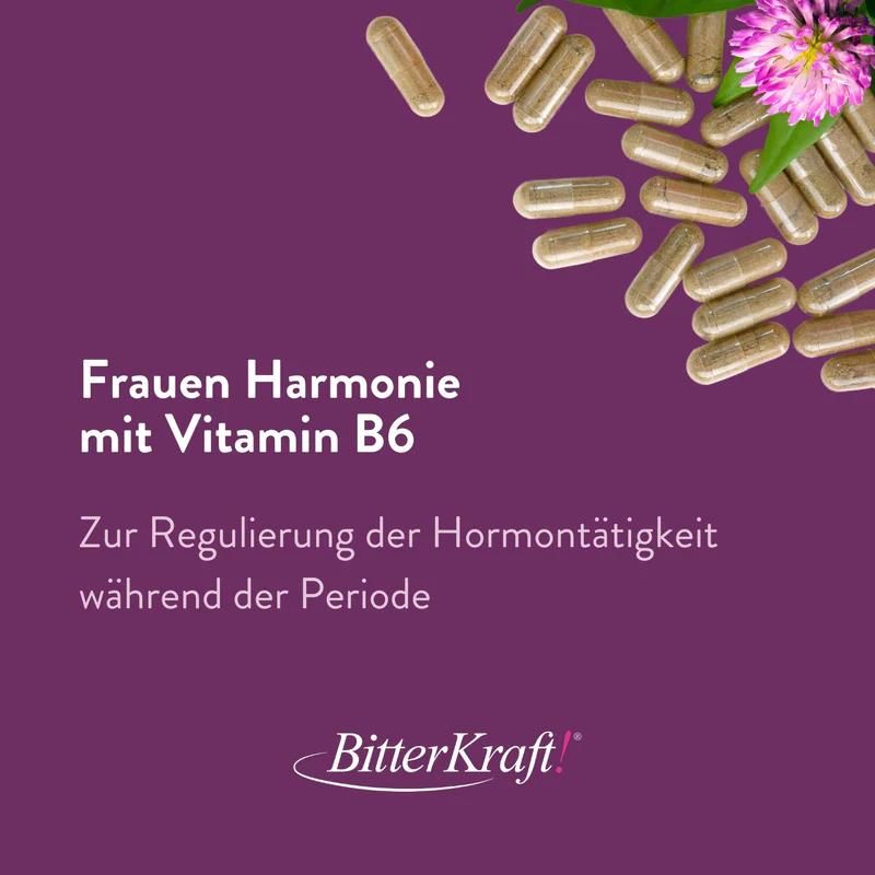 Kapseln und Text: Frauen Harmonie mit Vitamin B6. Zur Regulierung der Hormontätigkeit während der Periode. BitterKraft! Logo.