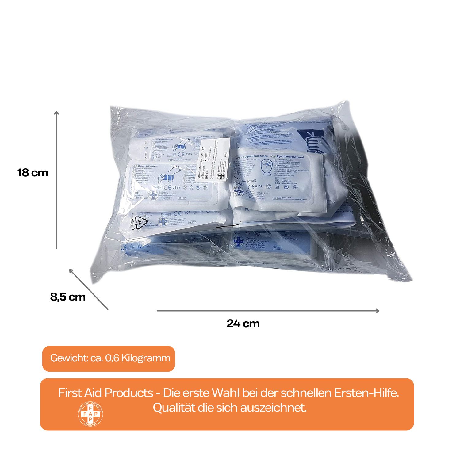 Nachfüllset in Folie. Maße: 24x18x8,5 cm. Gewicht ca. 0,6 kg. Text: First Aid Products - Die erste Wahl bei der schnellen Ersten-Hilfe. Qualität die sich auszeichnet.