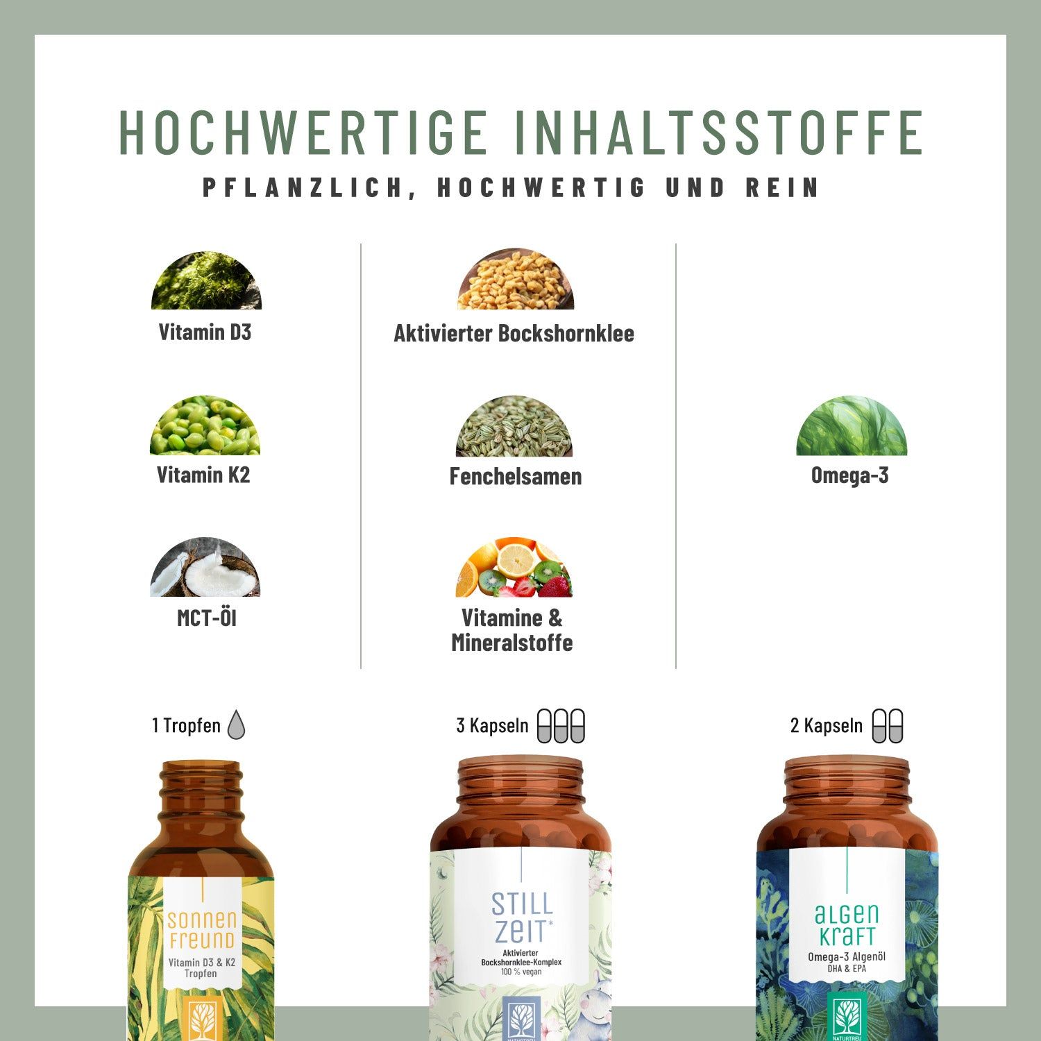 Infografik mit Zutaten. Oben: „HOCHWERTIGE INHALTSSTOFFE“. Darunter: Vitamin D3, Bockshornklee, Vitamin K2, Fenchelsamen, MCT-Öl, Omega-3, Vitamine & Mineralstoffe.