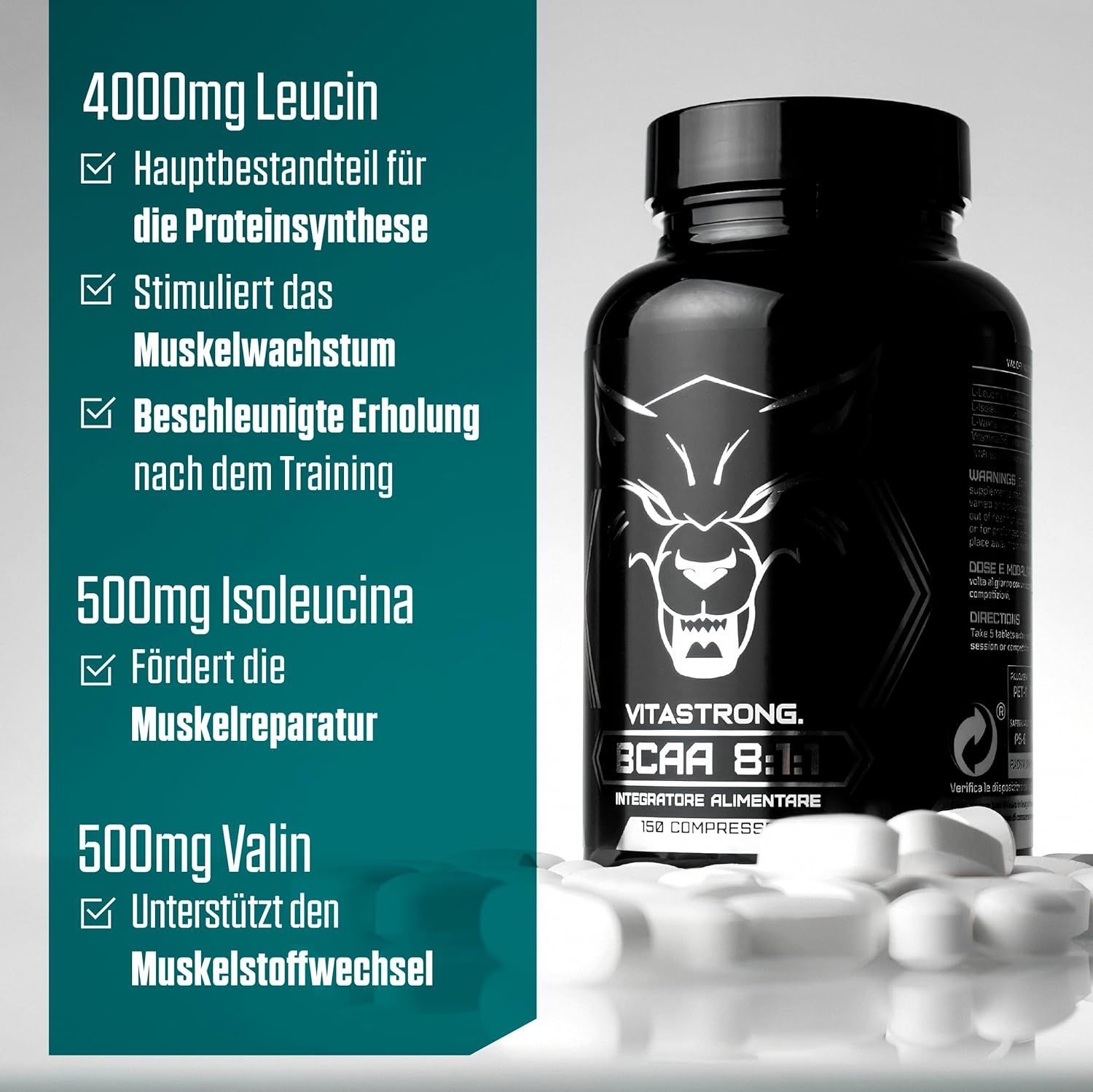 Vitastrong BCAA 8:1:1 Flasche und Tabletten. 4000mg Leucin, Muskelwachstum, Erholung. 500mg Isoleucin, Muskelreparatur.