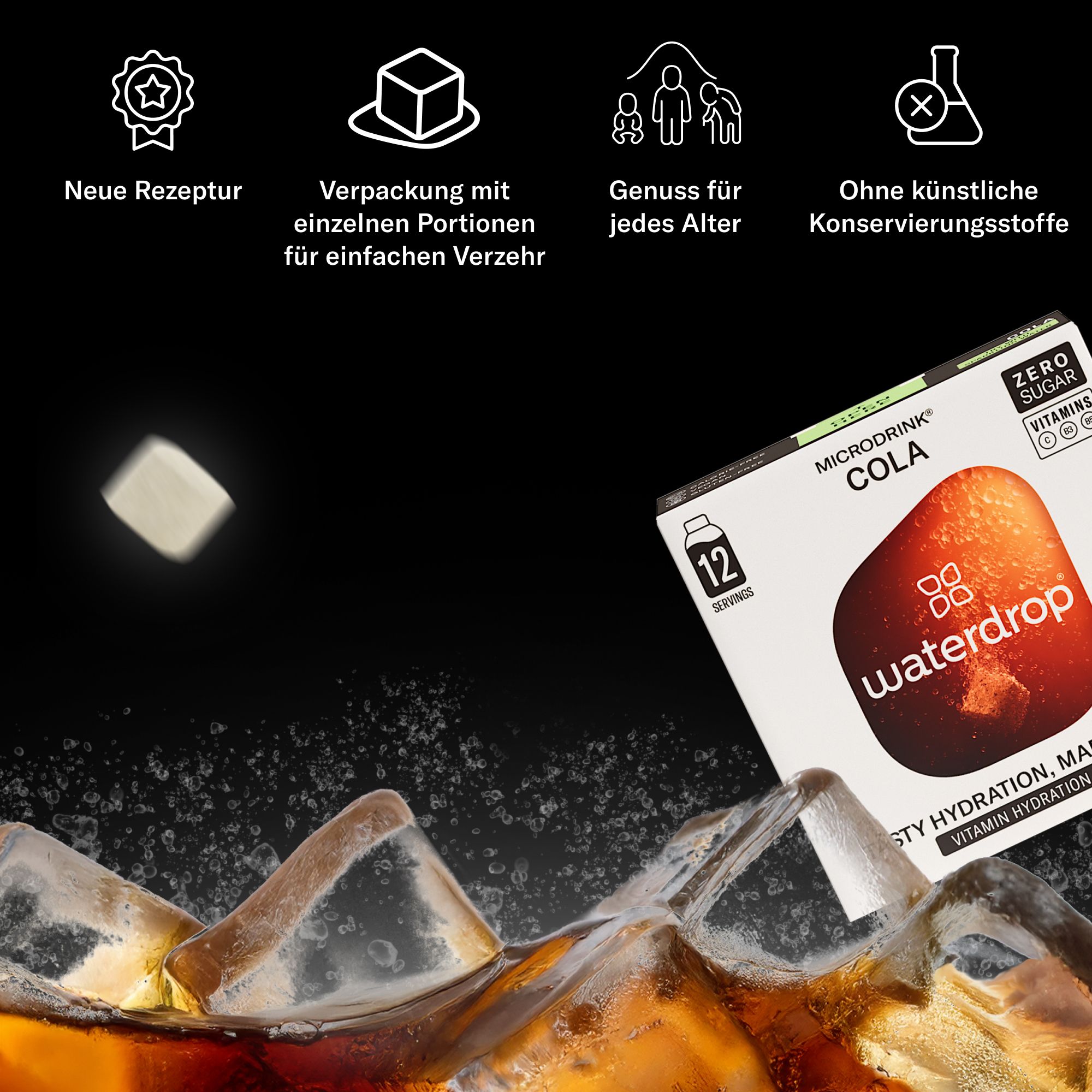 waterdrop® COLA Set – 36 Würfel mit Kolanuss, grünem Kaffee & Vitaminen – vegan, zuckerfrei