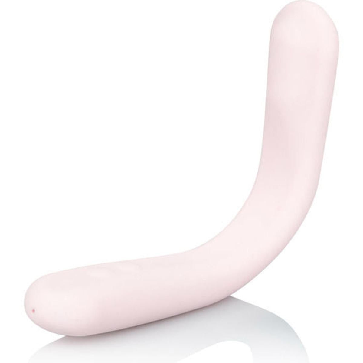 Gebogenes, rosa Massagegerät. Gefertigt aus glattem Material. Ein Ende abgerundet, das andere spitz zulaufend. Leichte Krümmung.