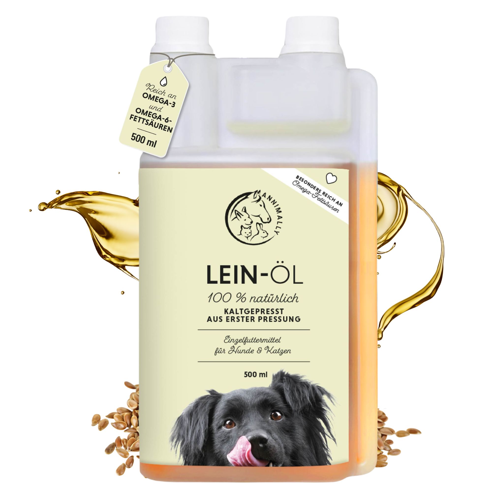 Leinöl-Flasche mit Etikett. Enthält Omega-3 und Omega-6 Fettsäuren. 500 ml. Kaltgepresst. Für Hunde und Katzen.