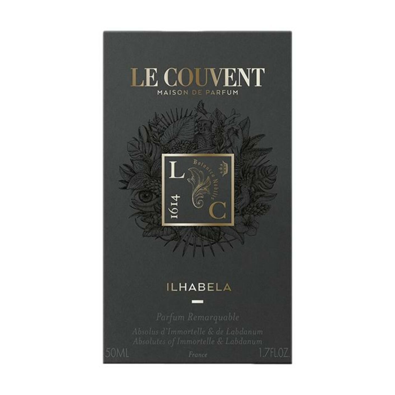Schwarze Verpackung mit goldfarbenem Logo und Schriftzug. Aufschrift: Le Couvent, Ilhabela, Parfum Remarquable.