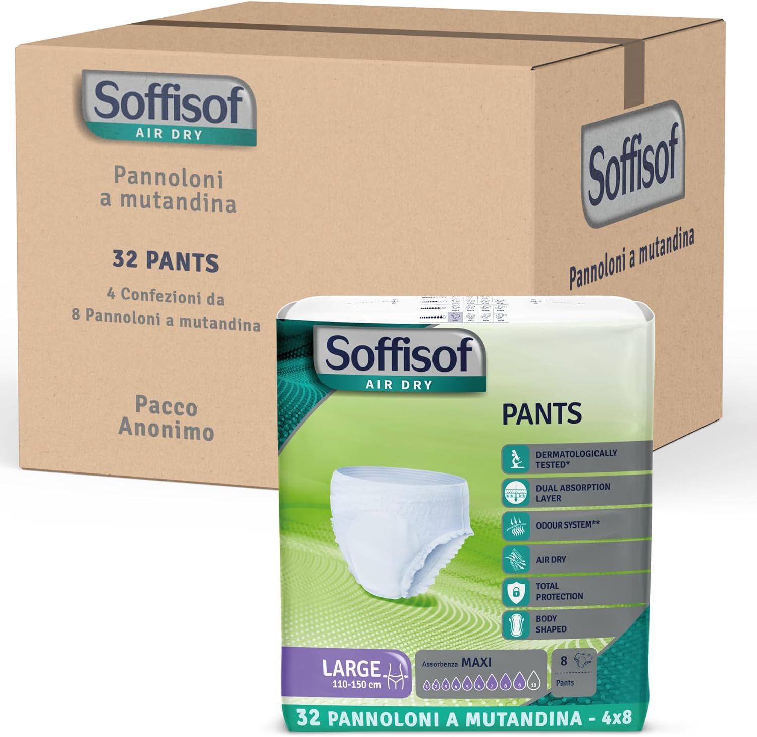 Soffisof Pants Maxi. Scatola con confezioni. Confezione del prodotto con caratteristiche.