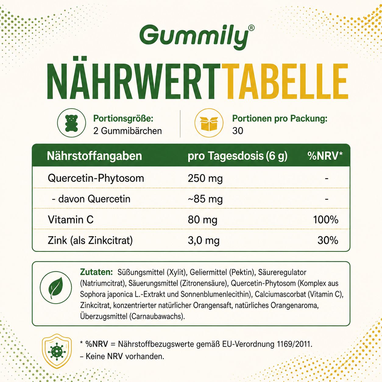 Gummily Nährwerttabelle: Portion 2 Gummibärchen, 30 Portionen pro Packung. Enthält Quercetin-Phytosom, Vitamin C, Zink. Zutatenliste und %NRV-Werte aufgeführt.