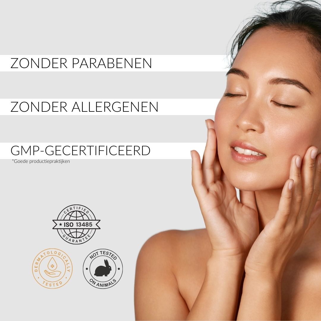 Vrouw met gesloten ogen. Tekst: Zonder parabenen, Zonder allergenen, GMP-gecertificeerd. Logo's.