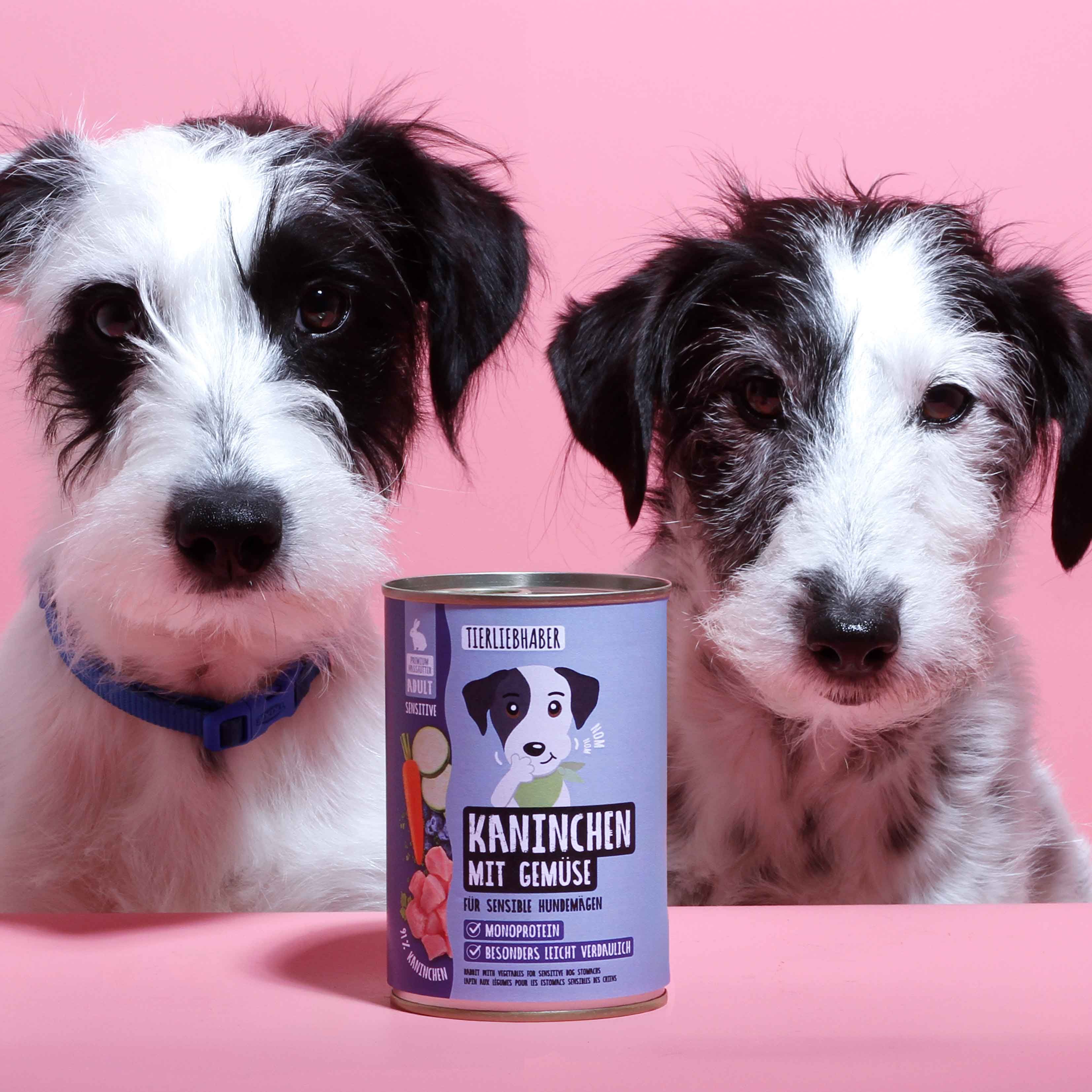 Hundefutterdose mit Kaninchen und Gemüse, umgeben von zwei Hunden. Dose mit Etikett auf rosa Untergrund.