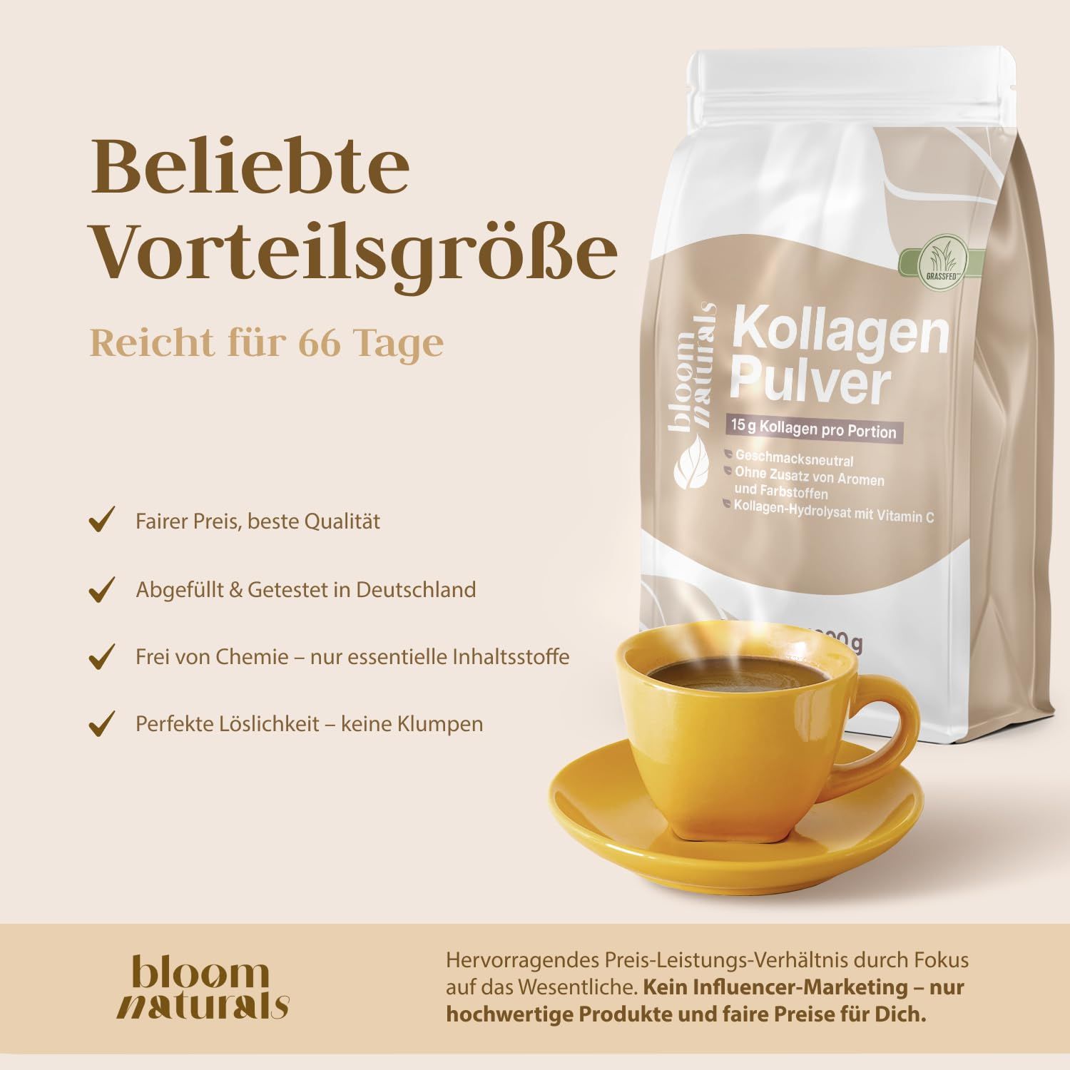 Bloom Naturals Kollagenpulver-Beutel neben einer gelben Kaffeetasse. Text: "Beliebte Vorteilgröße".