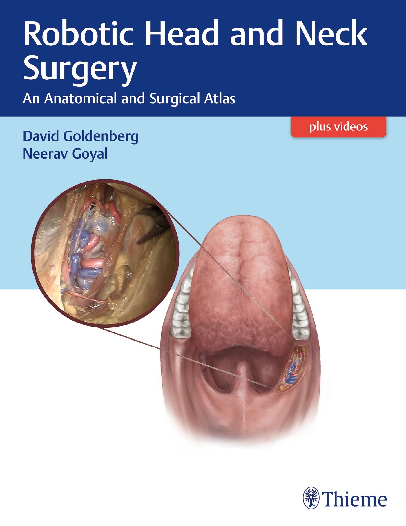 Buchcover: Robotic Head and Neck Surgery. Anatomischer und chirurgischer Atlas. Autoren: Goldenberg, Goyal. Mit Illustrationen und dem Thieme-Logo.