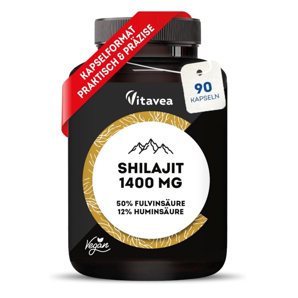 Schwarze Flasche mit 'Vitavea Shilajit 1400 MG' Etikett. Enthält 90 Kapseln. Rotes Band mit 'Kapselformat' Text.