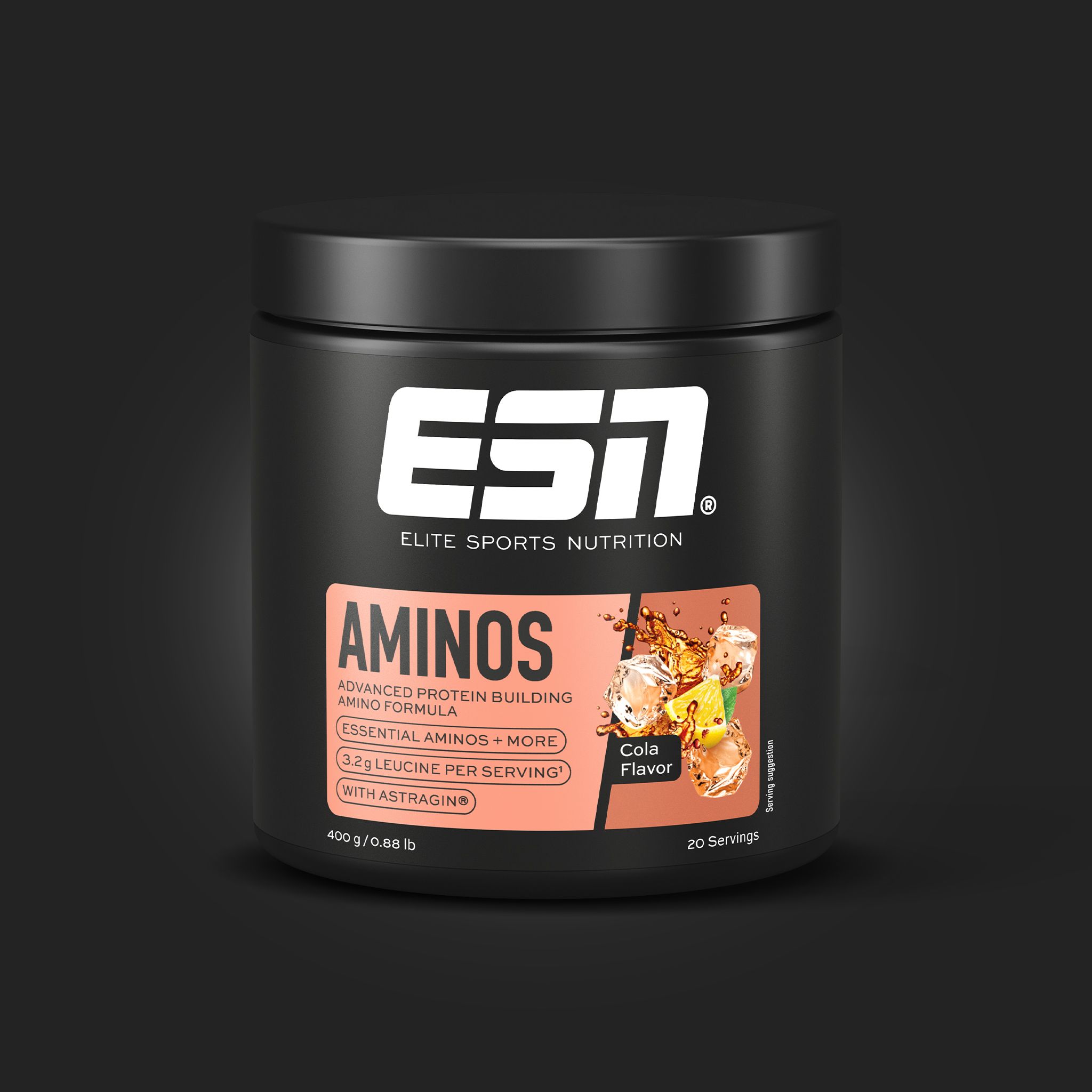 ESN Aminos EAA+ Dose. Schwarze Dose mit Etikett. Aufschrift: ESN, Aminos, Cola Flavor. 400g.