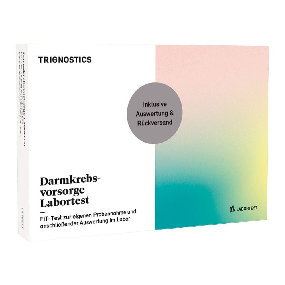 Verpackung des Darmkrebsvorsorge-Labortests. Enthält FIT-Test, Auswertung und Rückversand. Marke: TRIGNOSTICS.