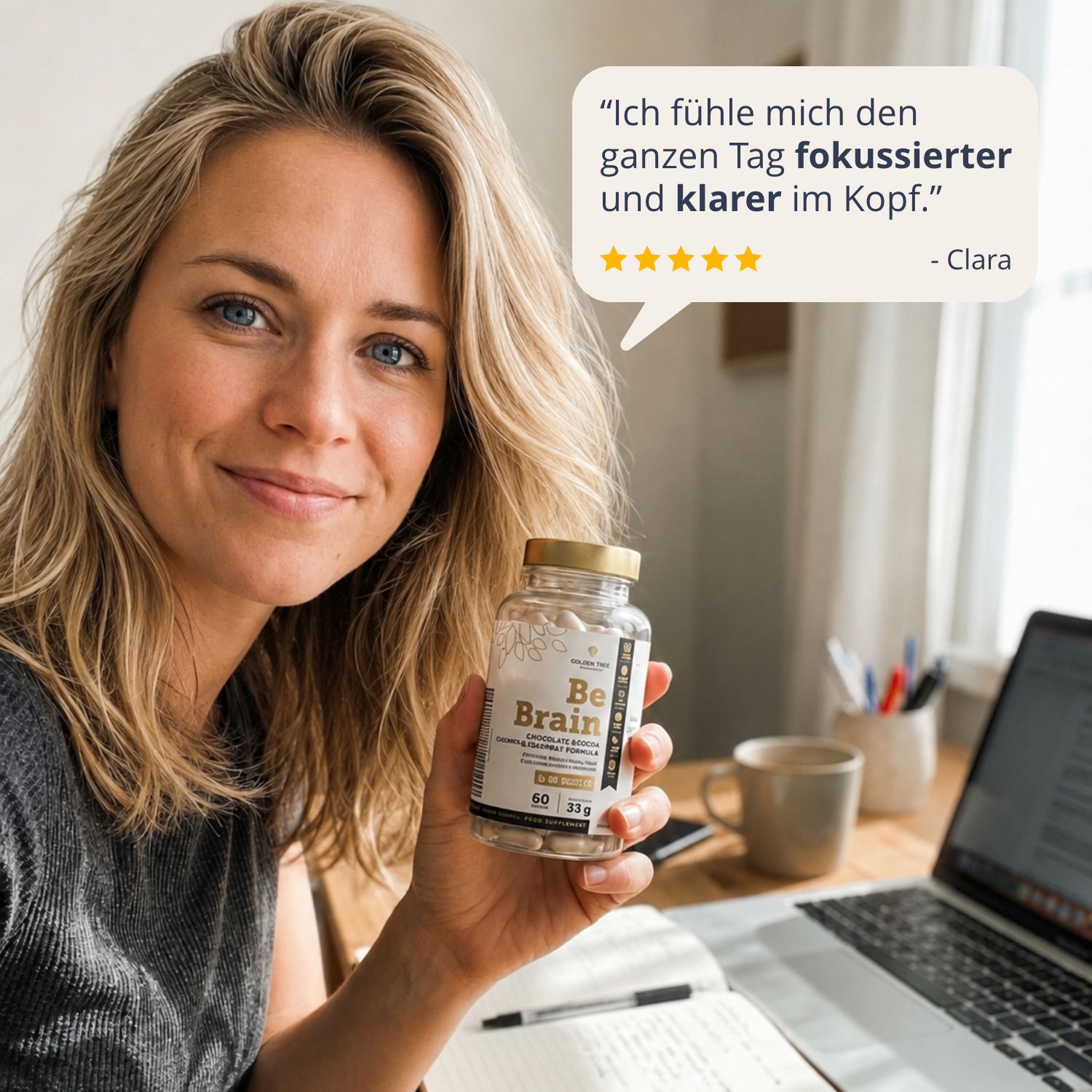 Frau hält Golden Tree Be Brain Flasche. Zitat: 'Ich fühle mich fokussierter und klarer.'