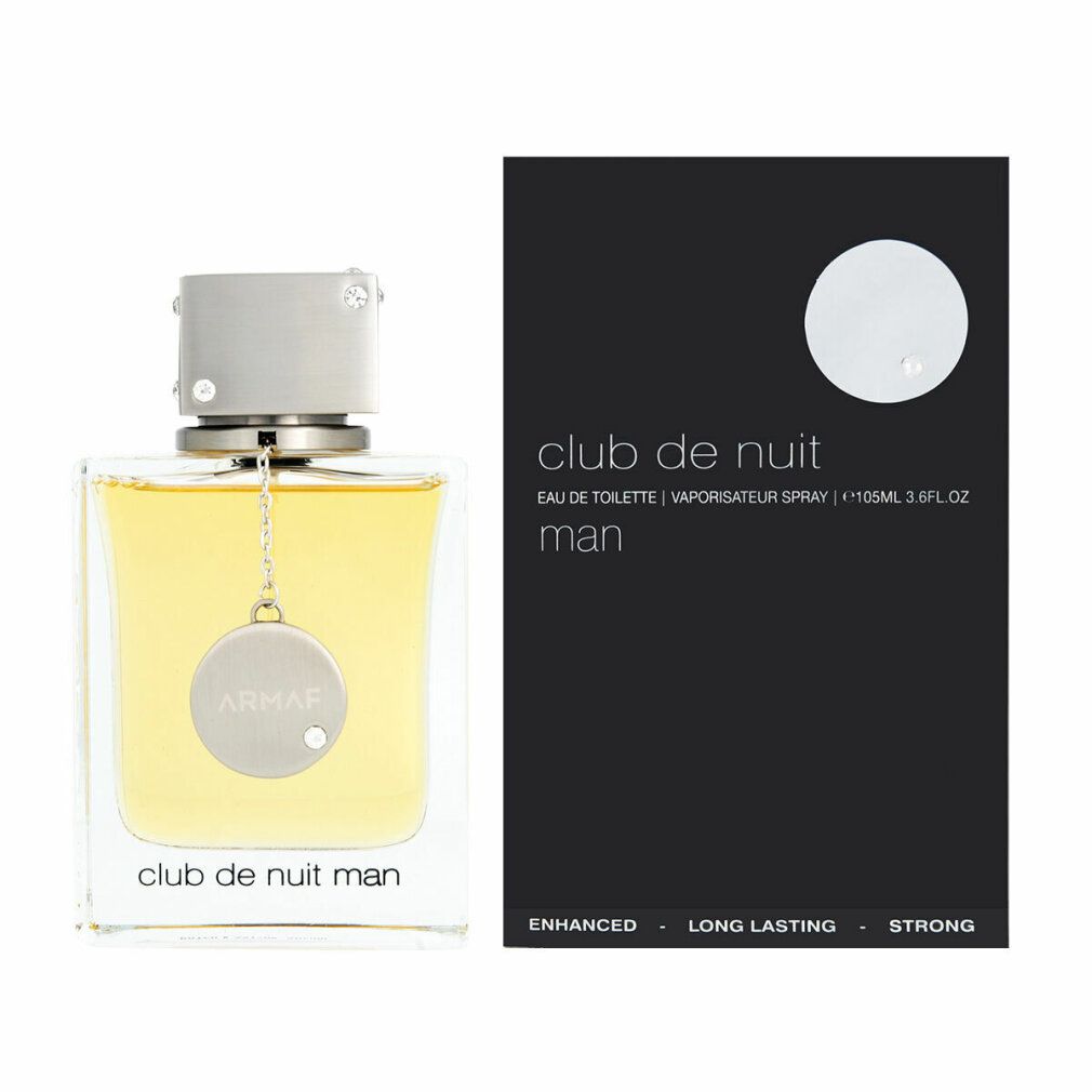 Flakon und Verpackung von Armaf Club De Nuit Eau De Toilette. Schwarze Verpackung mit weißem Kreis. Flakon mit silberner Kappe.