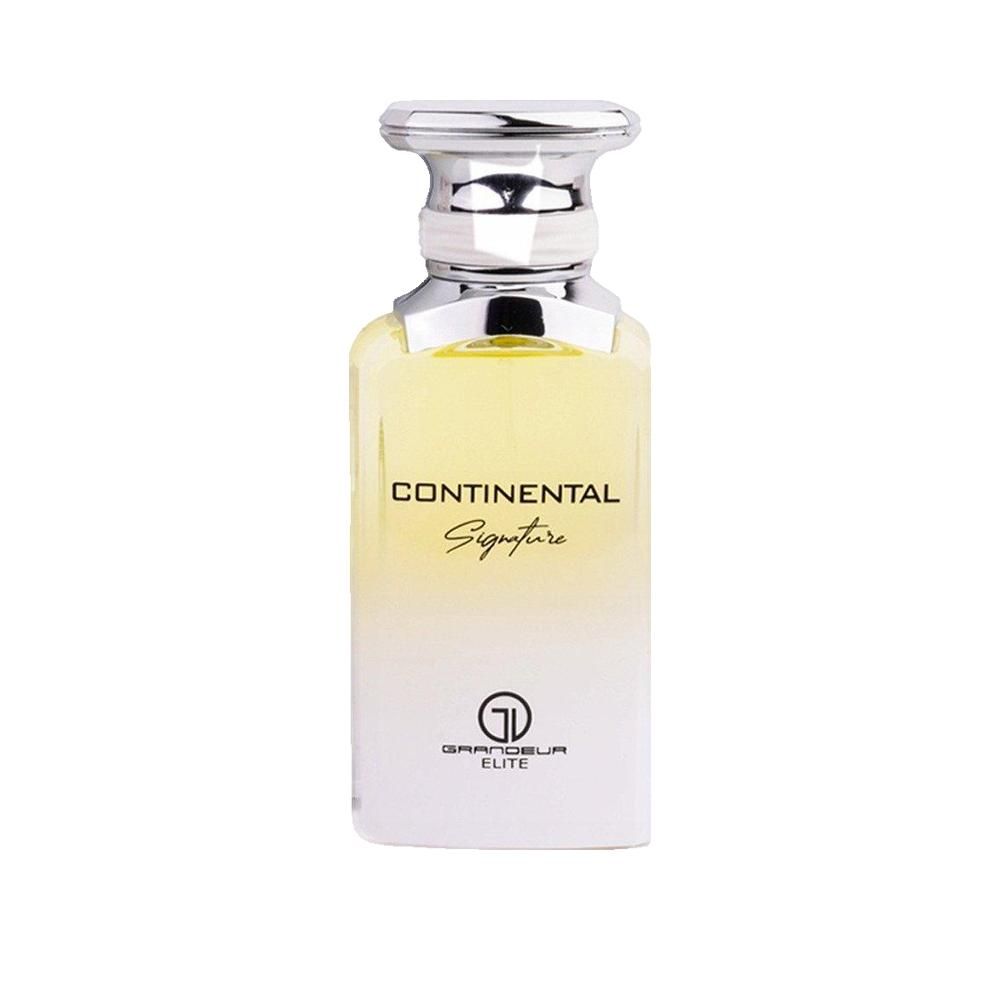 Parfümflakon mit silberfarbenem Verschluss. Aufschrift: CONTINENTAL Signature. Unterhalb: Logo und GRANDELUR ELITE.