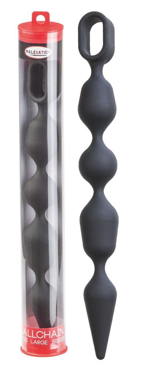 Schwarze MALESATION Ballchain. Kette mit vier Kugeln und Griff. In transparenter Verpackung.