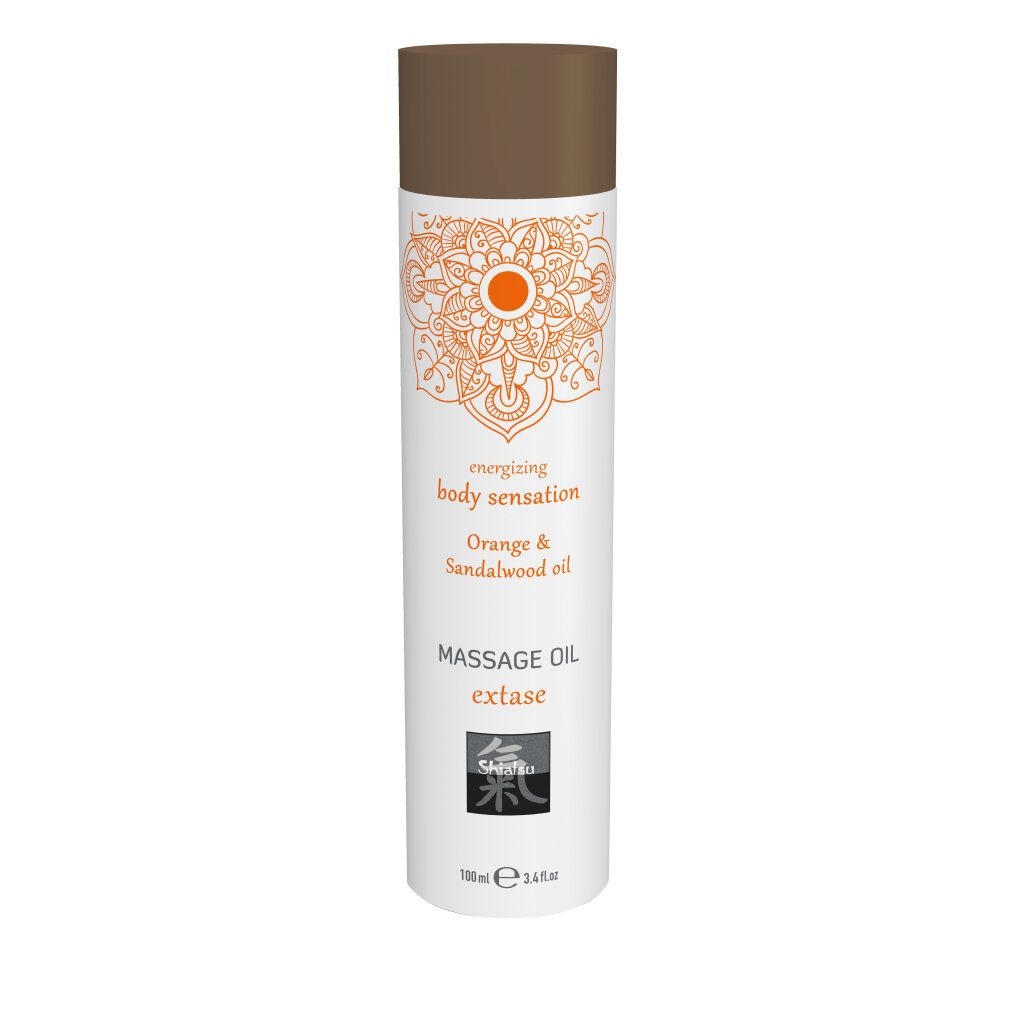 Massageöl extase, Orange & Sandelholz. Weiße Flasche mit braunem Deckel. Orangefarbenes Mandala-Design. Text: energizing body sensation.