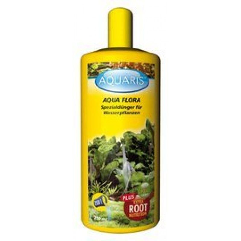 Gelbe Flasche AQUARIS Aqua Flora. Aufkleber mit Produktnamen, Pflanzenabbildung und Logo. Roter Aufkleber mit Text.