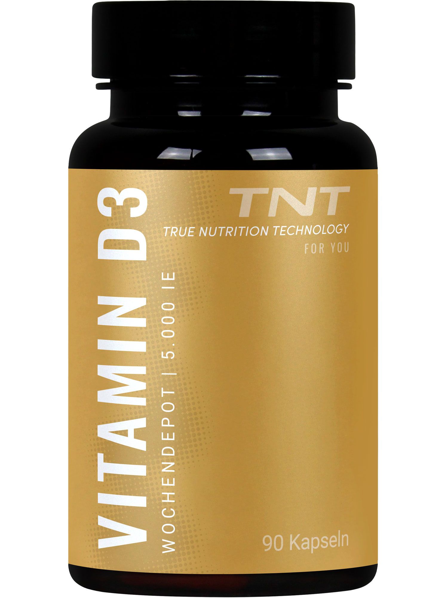 Braune Flasche TNT Vitamin D3 Wochendepot 5.000 i.E. 90 Kapseln. Goldfarbenes Etikett mit weißen Schriftzügen. Schwarzer Deckel.