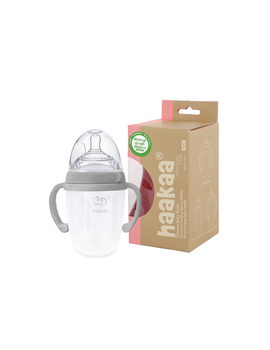 Babyflasche mit Griffen und Verpackung. Verpackung mit Logo, Produktname und Qualitätszeichen.