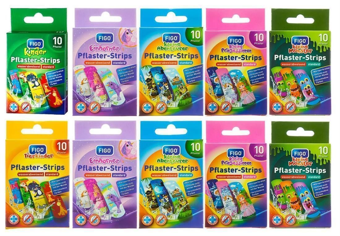 Mehrere Packungen FIGO Kinder Pflaster-Strips, verschiedene Designs. Jede Packung enthält 10 Pflaster. Verpackung mit farbigen Illustrationen.