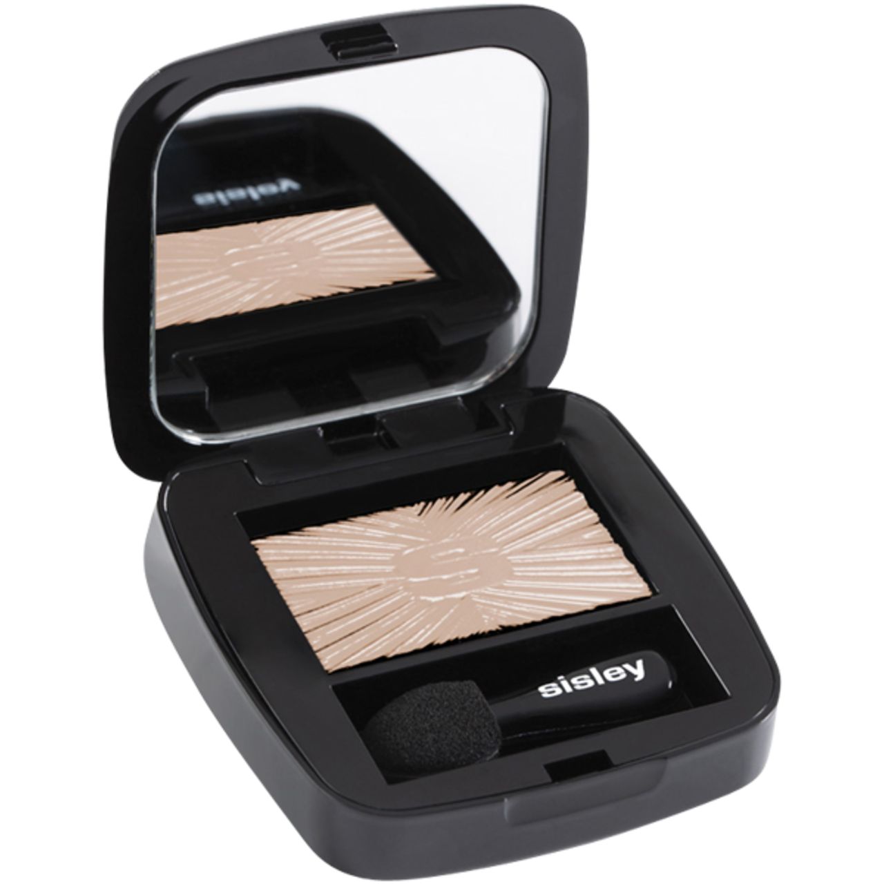 Schwarzer Kosmetikkasten mit Spiegel, Lidschatten und Applikator. Marke: Sisley.