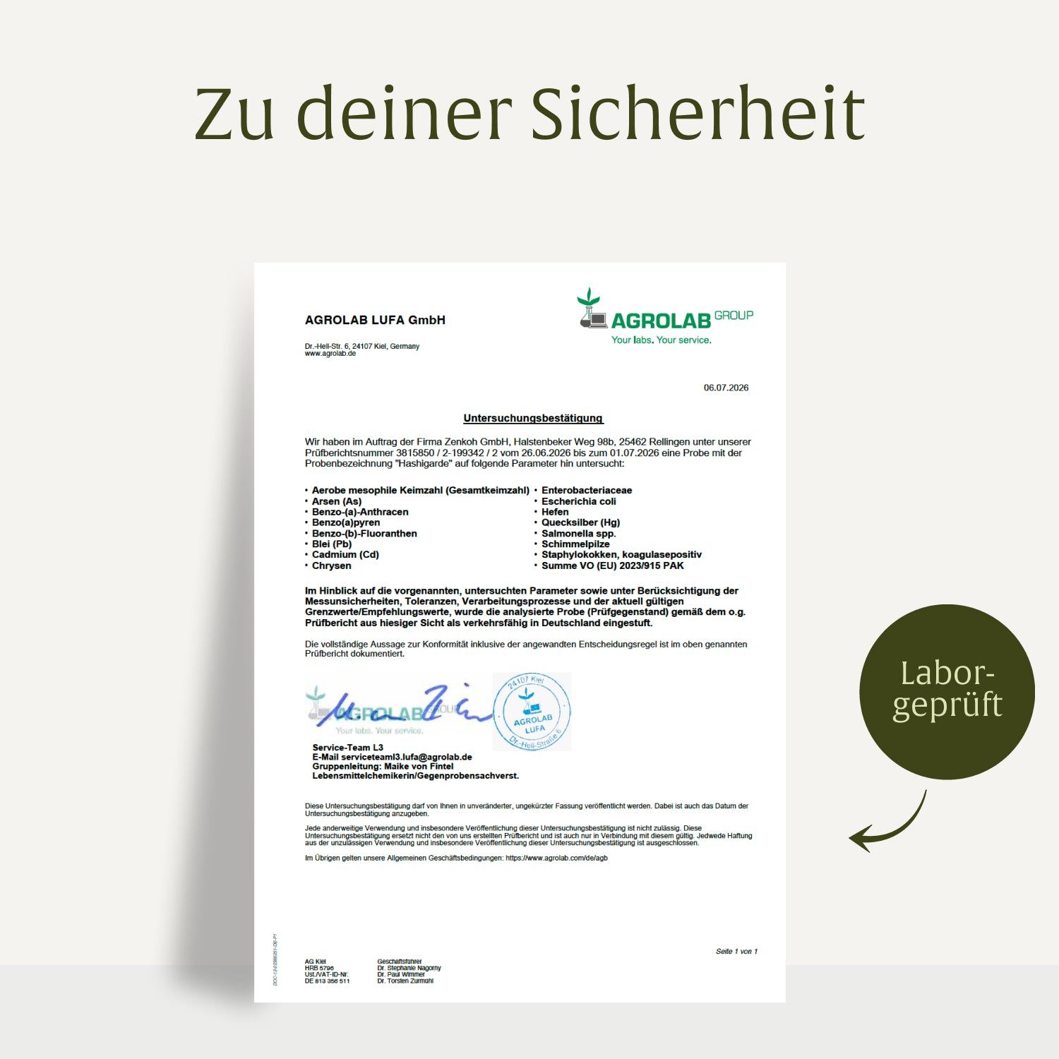 Laborbericht von AGROLAB zur Produktsicherheit mit Testergebnissen und Siegel.