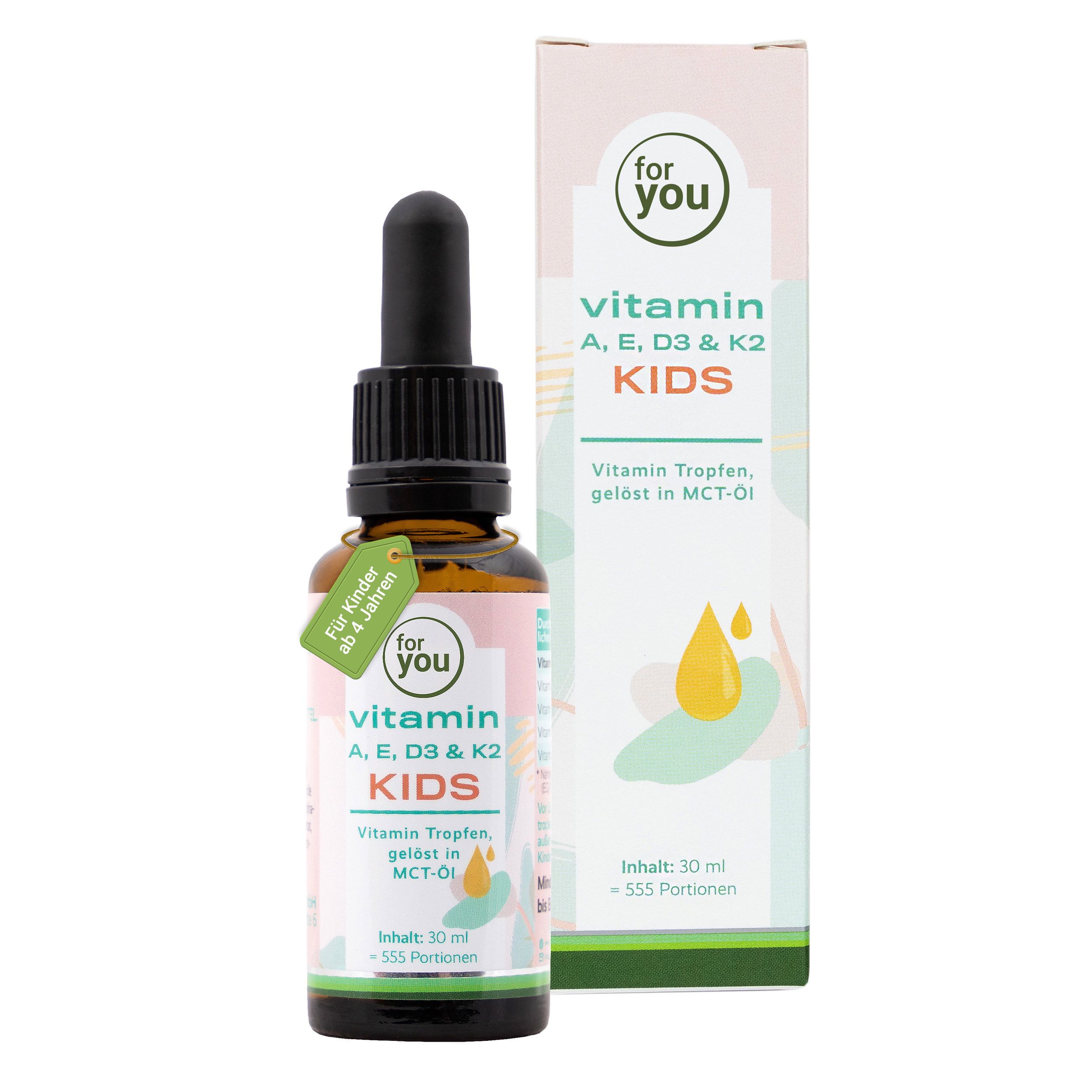 Flasche und Karton für "for you Vitamin A, E, D3 & K2 KIDS" Tropfen.